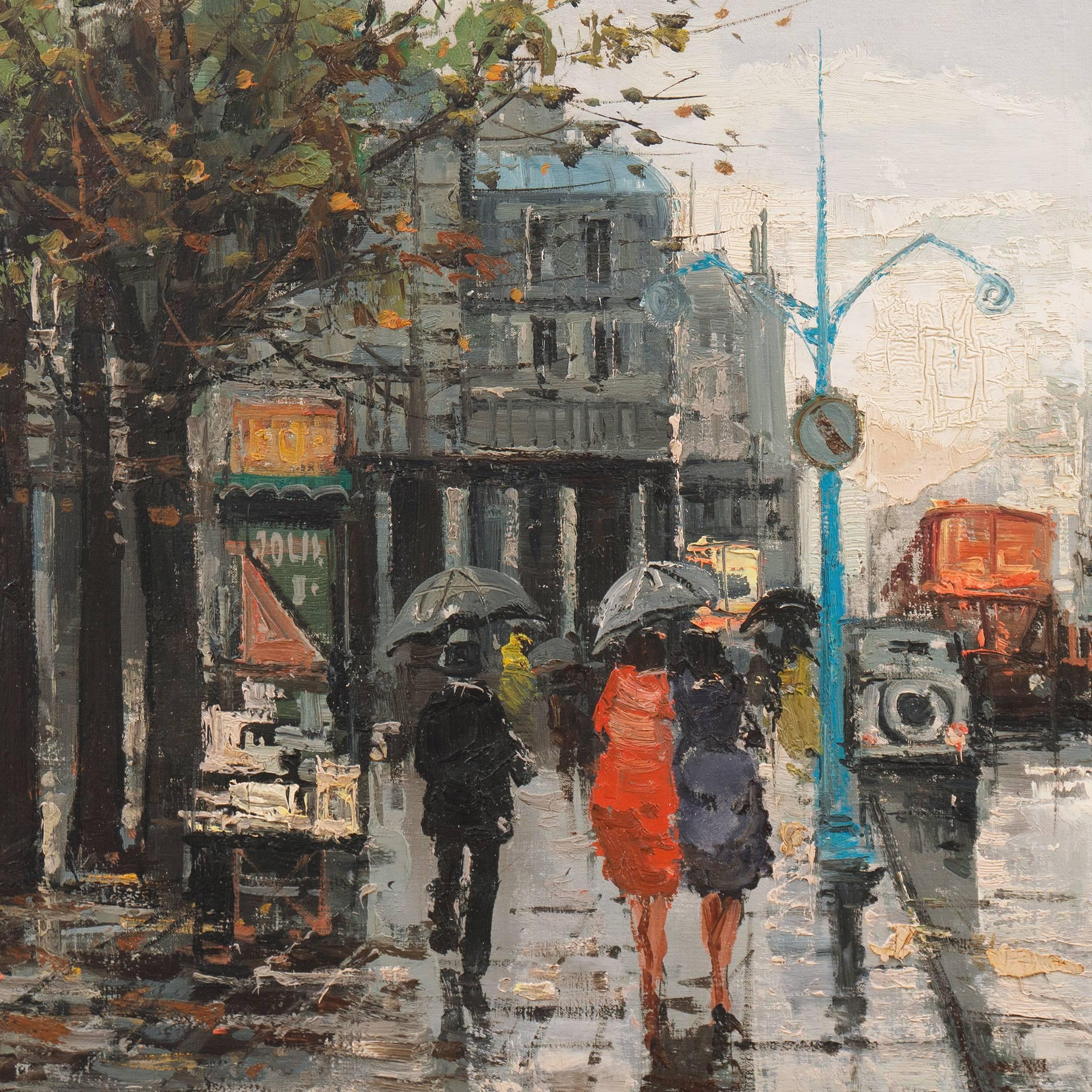 Signed lower right, 'Marda' (French, 20th century) and inscribed verso 'Street Scene by Marda #4'.

A substantial, mid-century oil cityscape showing a view of a rainy Parisian boulevarde with figures with umbrellas walking beside an affiche with