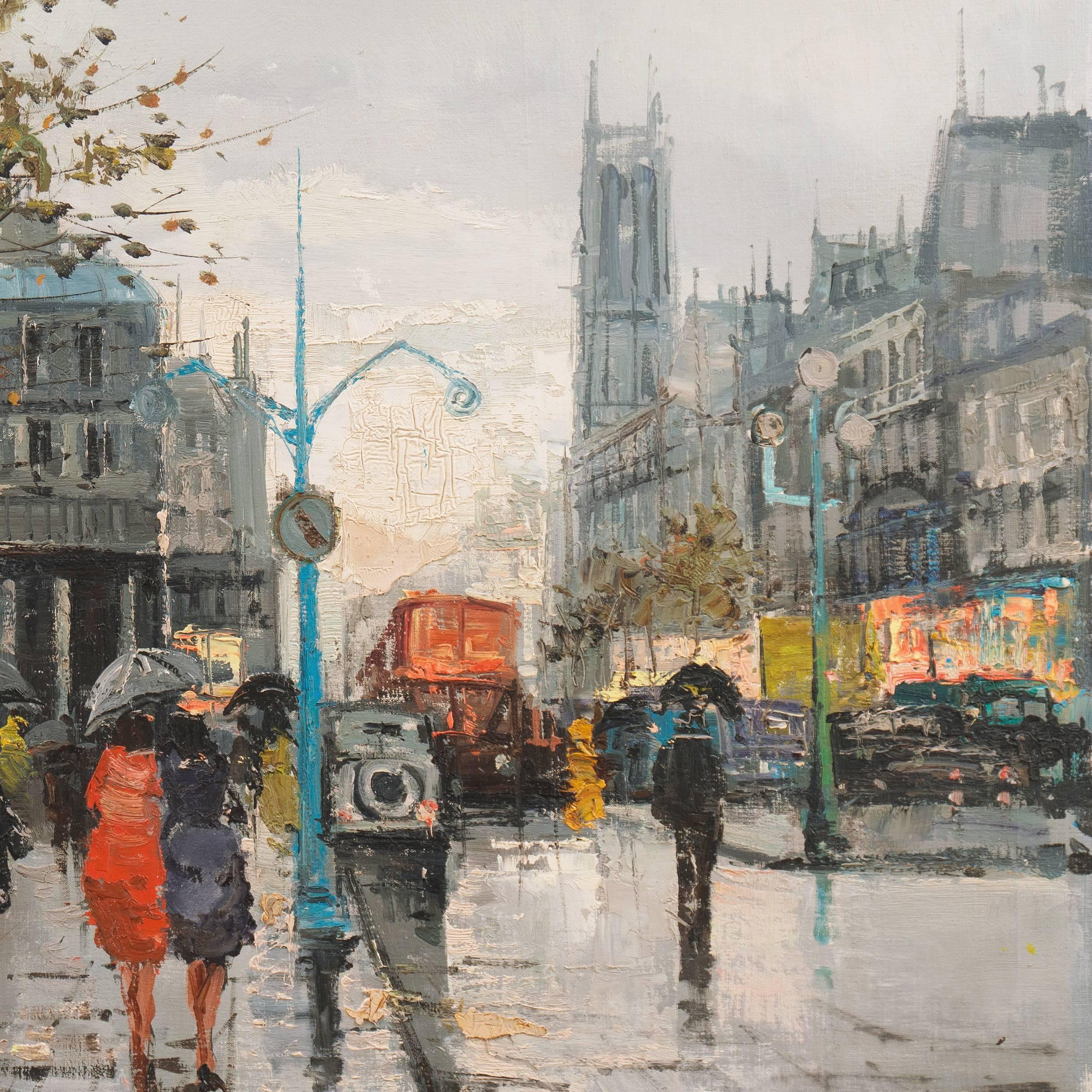 'Paris in the Rain', Large French School Post-Impressionist oil For Sale 1