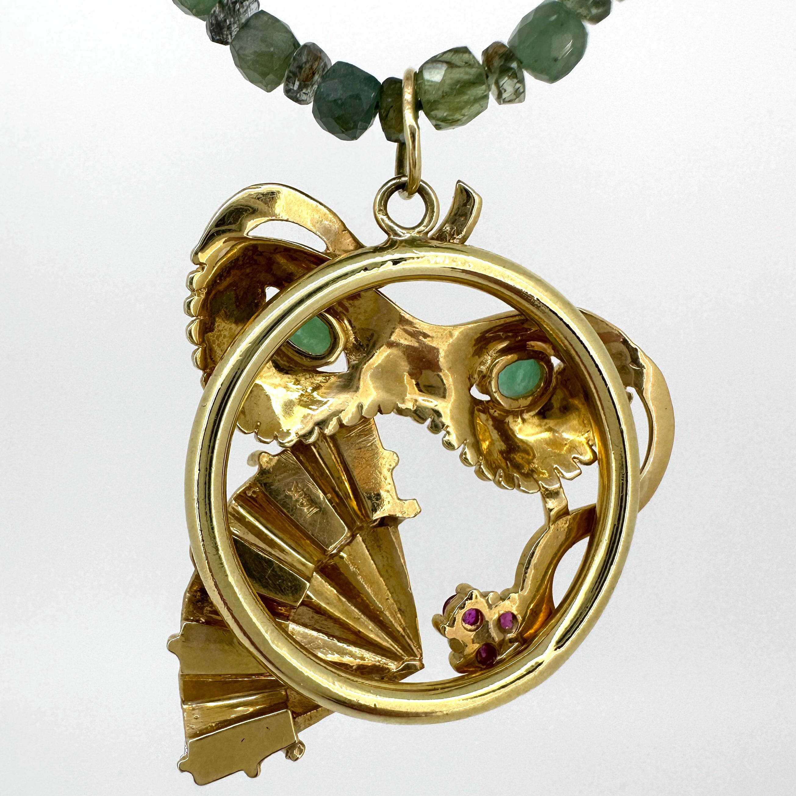 Vintage Mardi Gras Mask & Fan Pendant in 14K Gold on 19