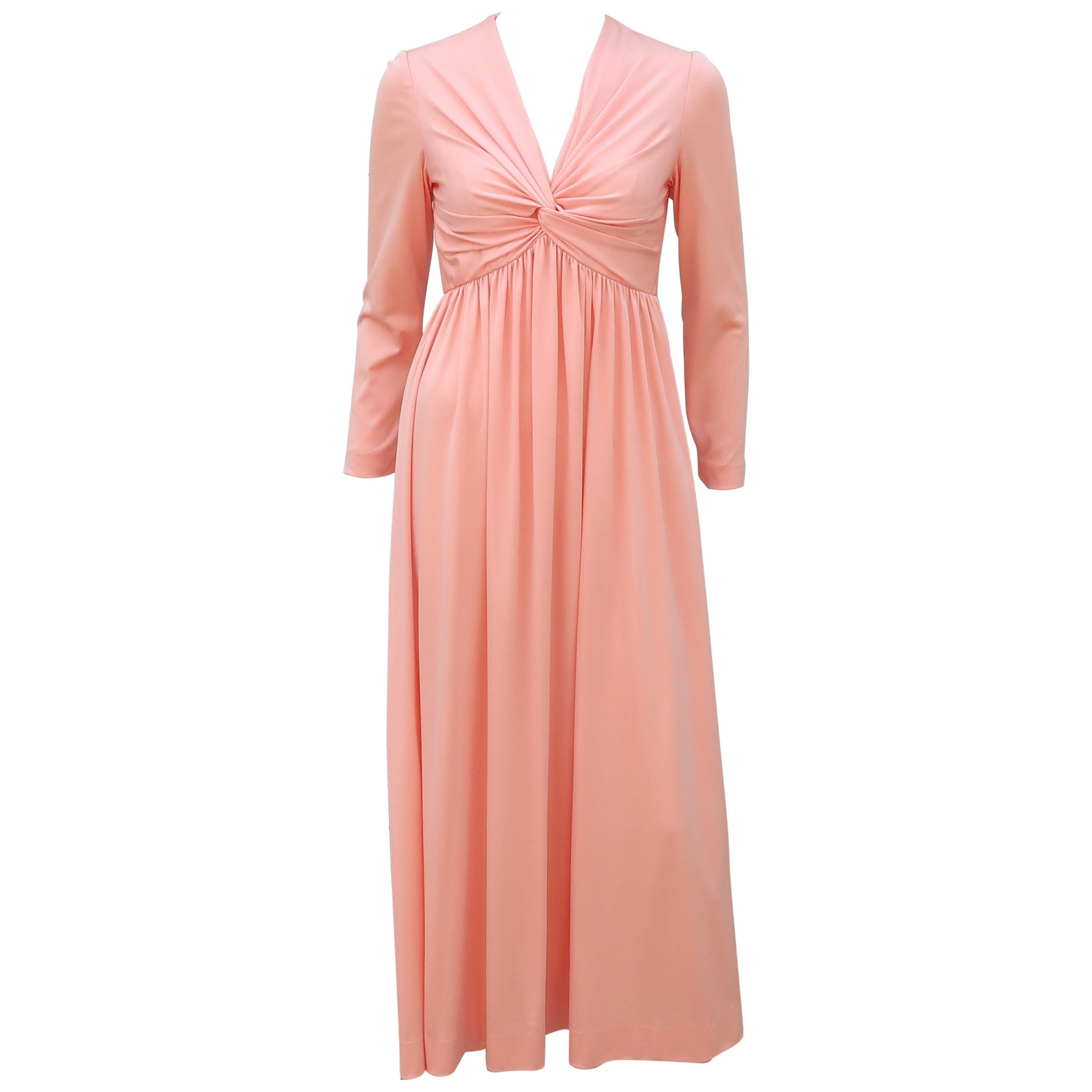 Mardi Gras Peach Jersey Maxi Evening Dress, C.1970 For Sale