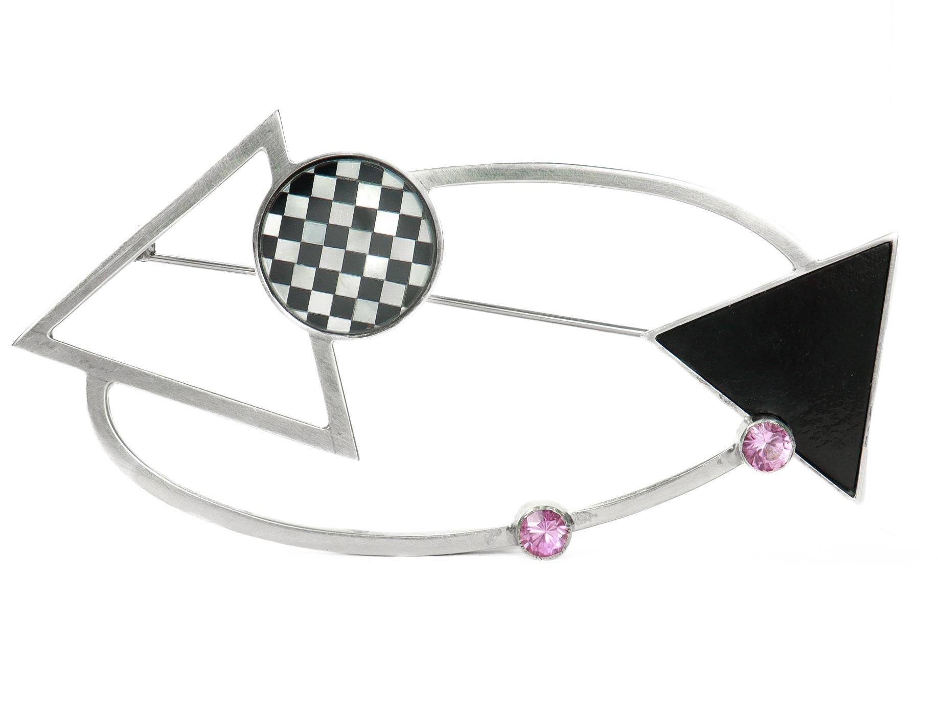 Women's Mardi Jo Cohen 1980's Modernist Sterling Silver & Gemstone Brooch or Pin For Sale