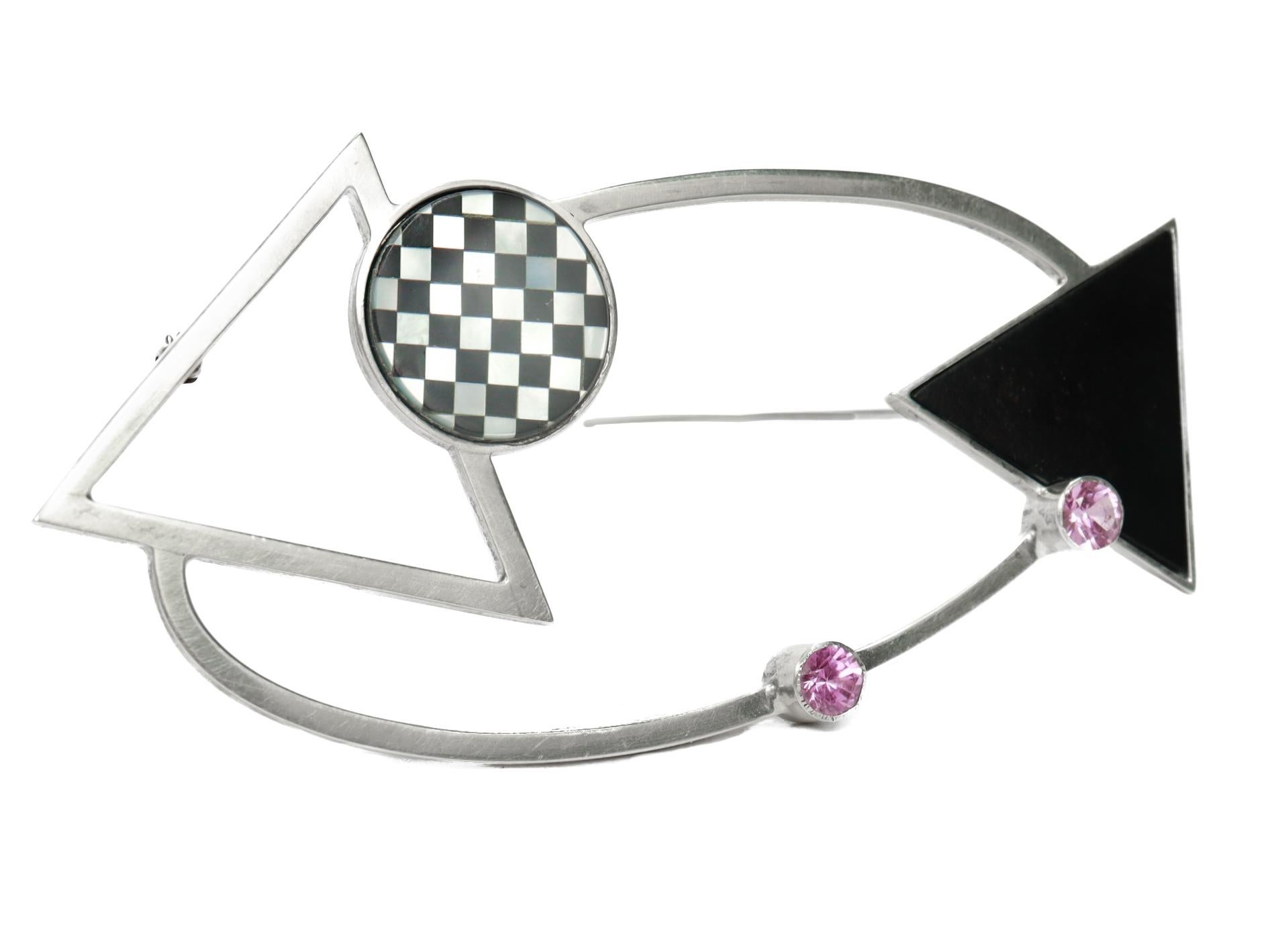 Mardi Jo Cohen 1980's Modernist Sterling Silver & Gemstone Brooch or Pin For Sale 1