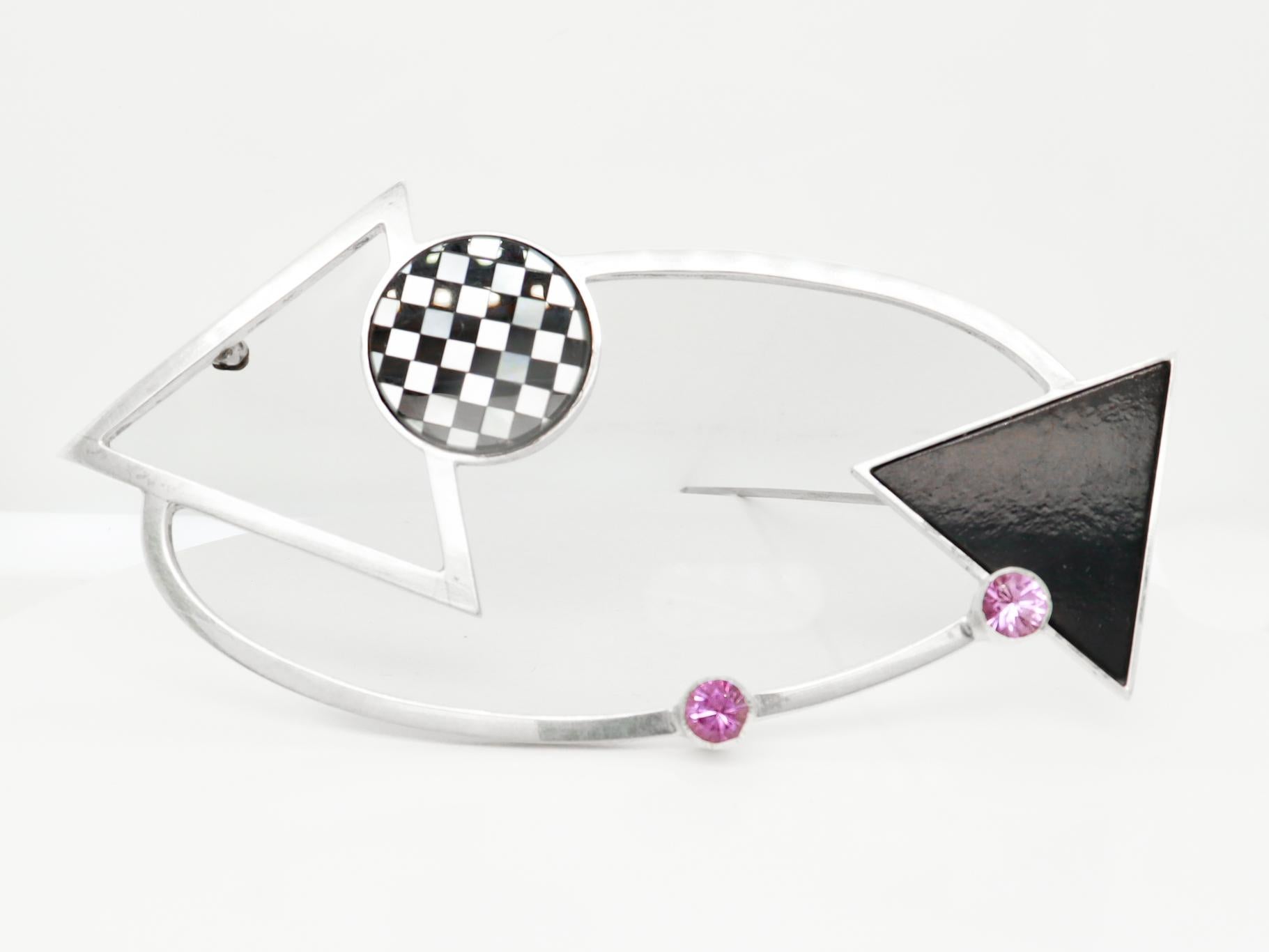 Mardi Jo Cohen 1980's Modernist Sterling Silver & Gemstone Brooch or Pin For Sale 2