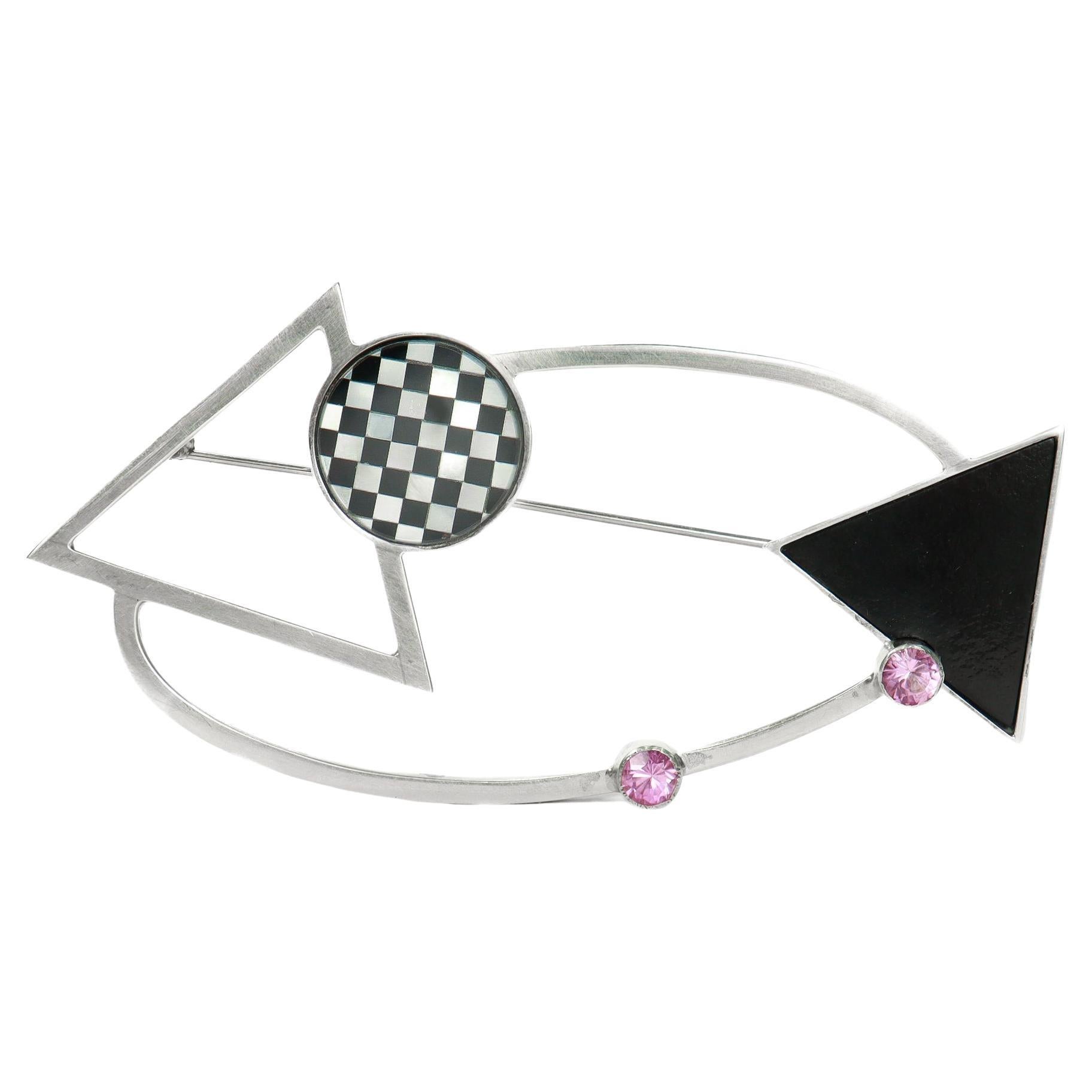 Mardi Jo Cohen 1980's Modernist Sterling Silver & Gemstone Brooch or Pin For Sale
