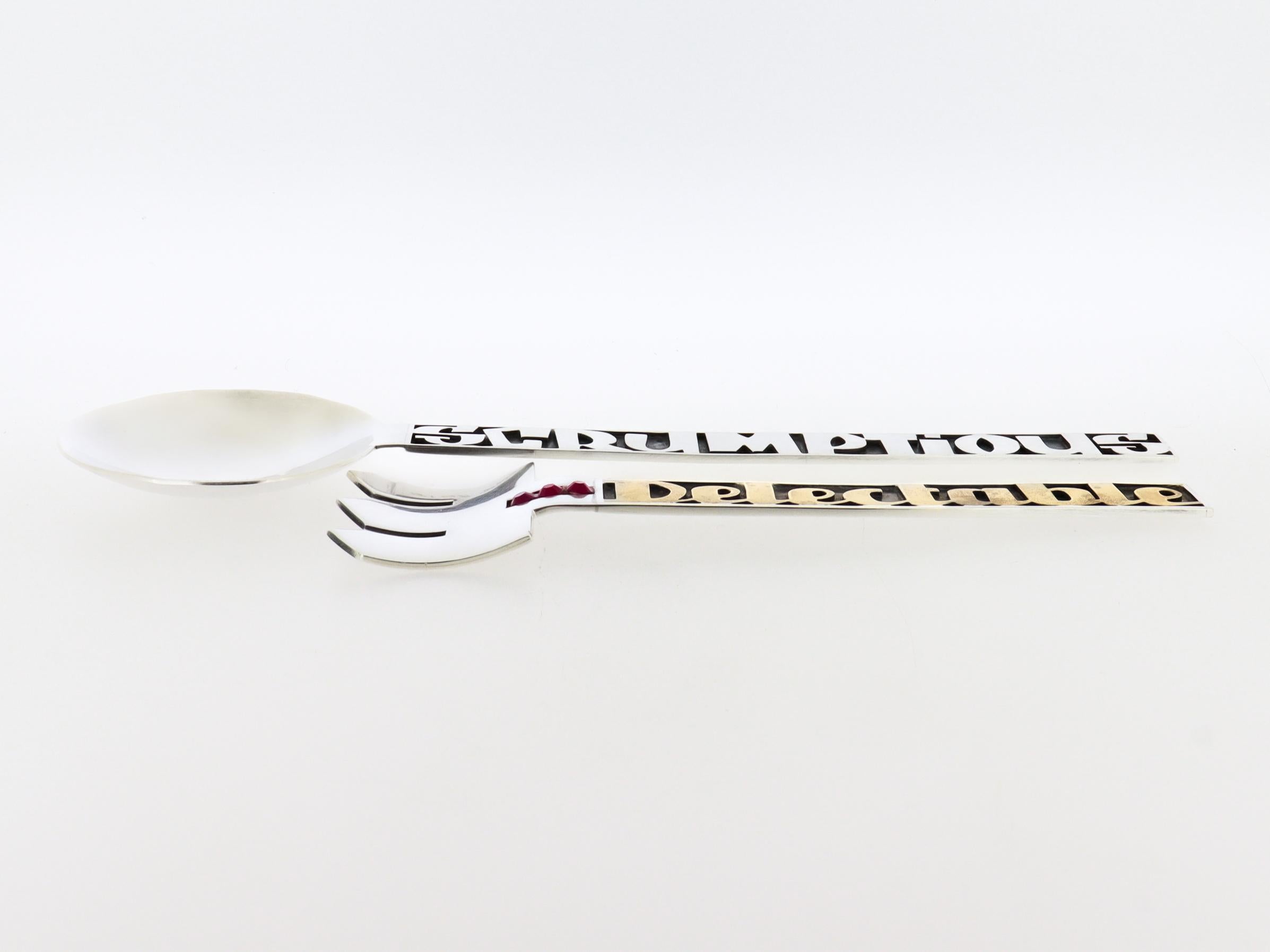 Mardi Jo Cohen Sterling Silver 'Delectable' Fork and 'Scrumptious' Serving Spoon In Good Condition For Sale In Philadelphia, PA