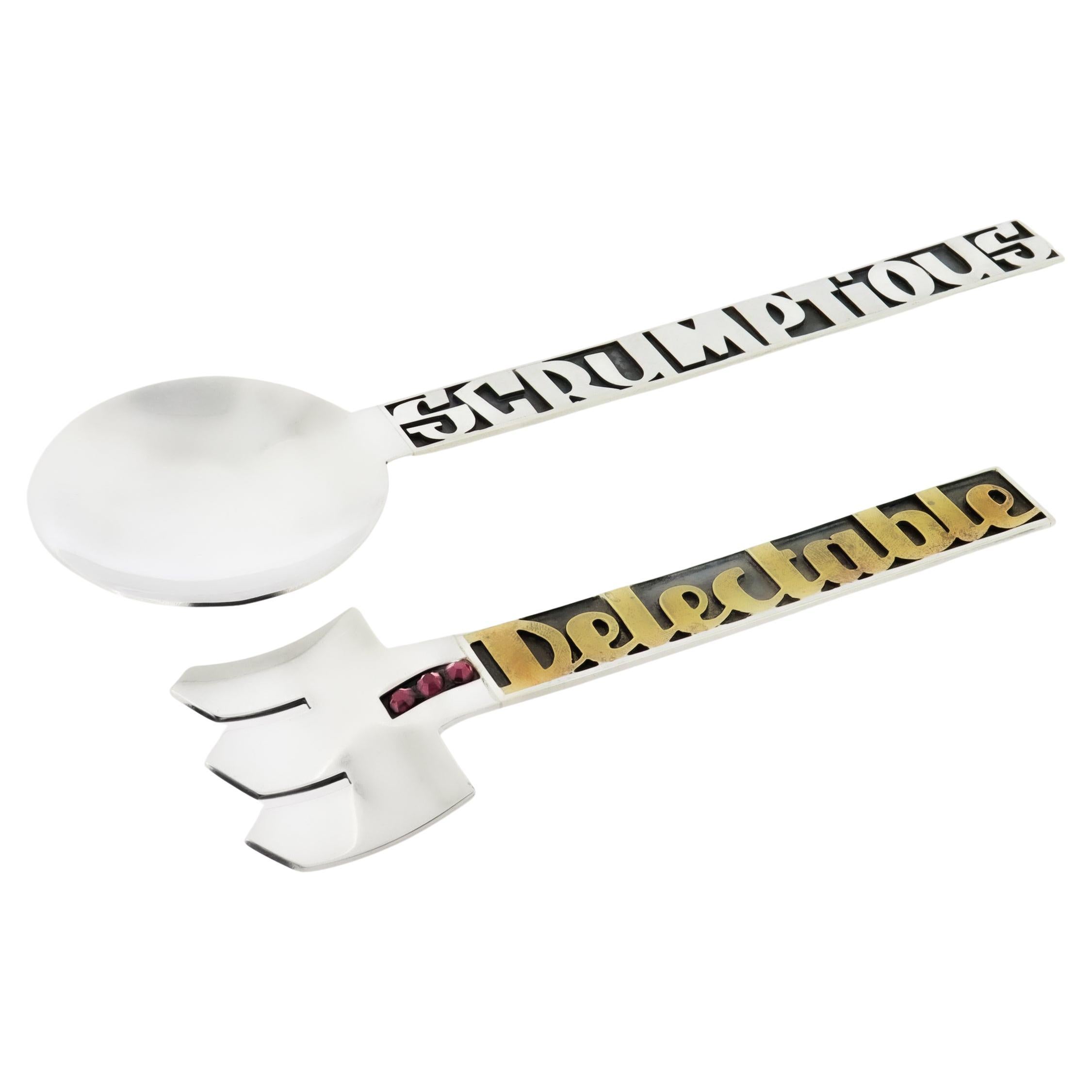Mardi Jo Cohen Sterling Silver 'Delectable' Fork and 'Scrumptious' Serving Spoon For Sale