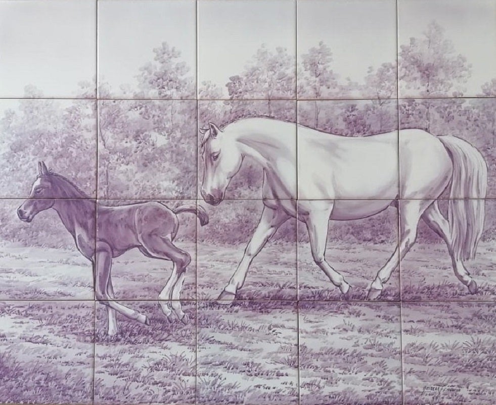 Mare and Foal Tile Mural in Pure Clay and Fine Ceramic, Portuguese ...