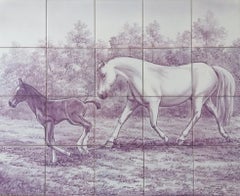 Mare and Foal Tile Mural in Pure Clay and Fine Ceramic, Portuguese Tiles