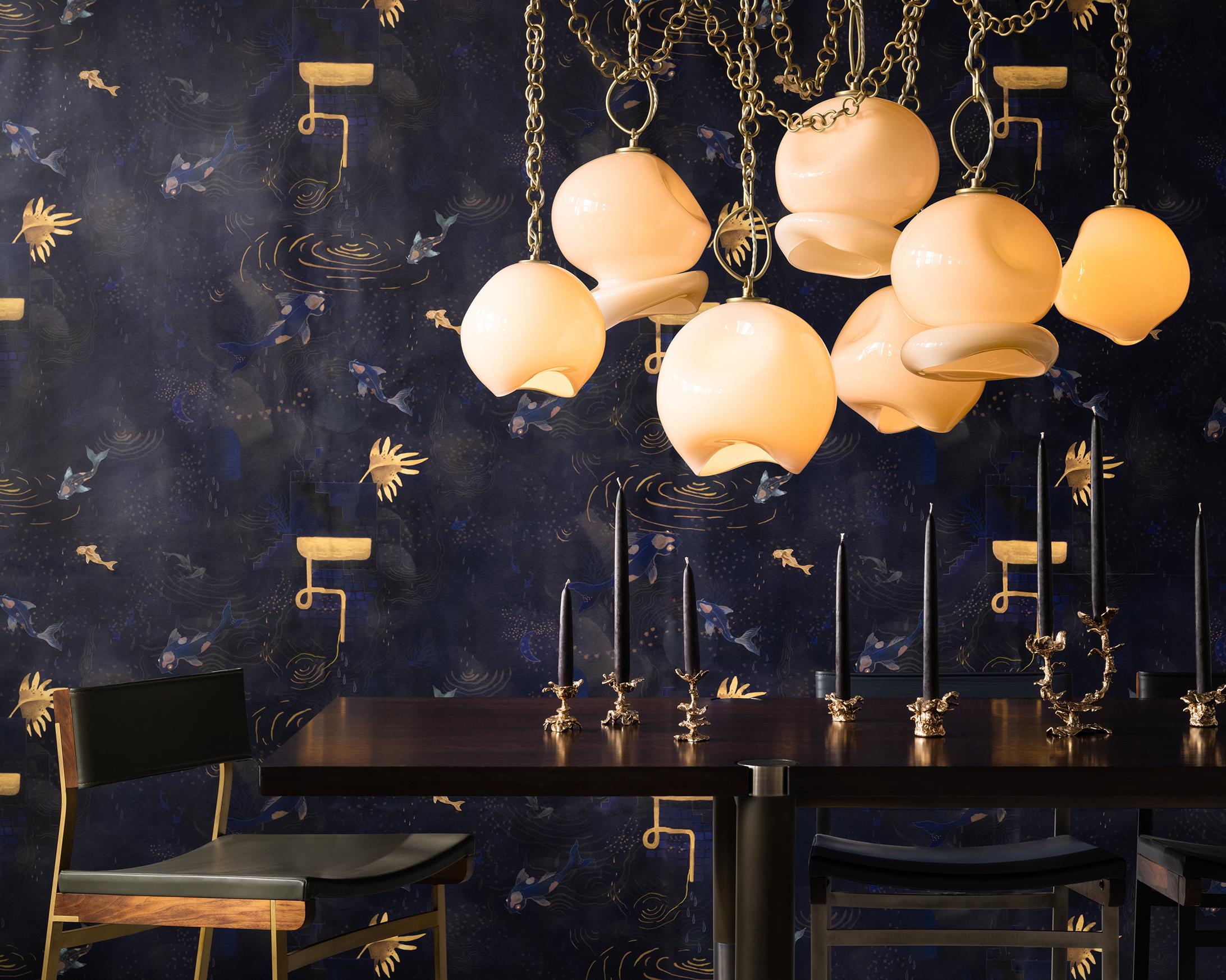Marea Five-Pendant Chandelier: Satin Brass/Amber Glass by Avram Rusu Studio For Sale 2