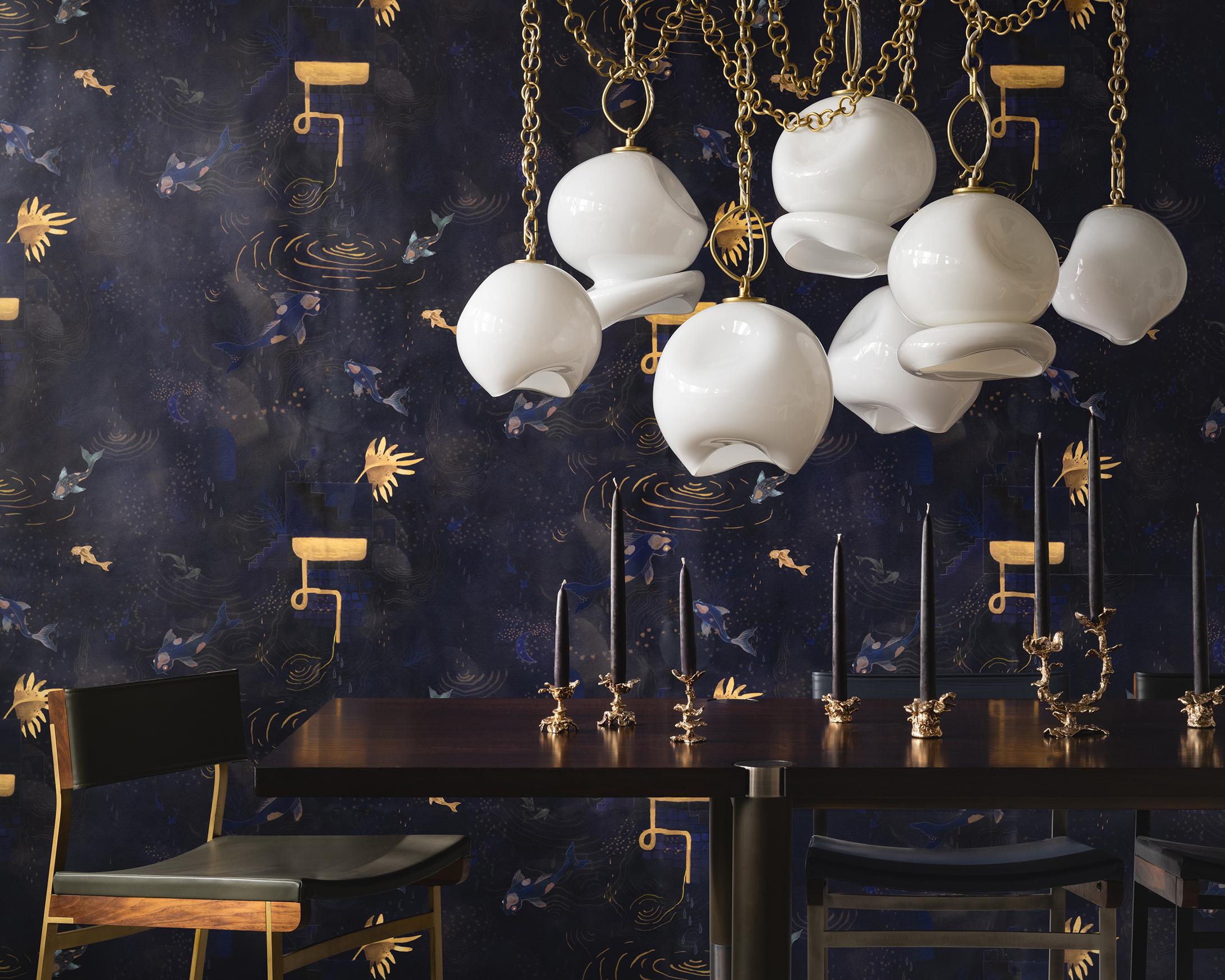 Marea Seven-Pendant Chandelier: Satin Brass/White Glass by Avram Rusu Studio For Sale 1
