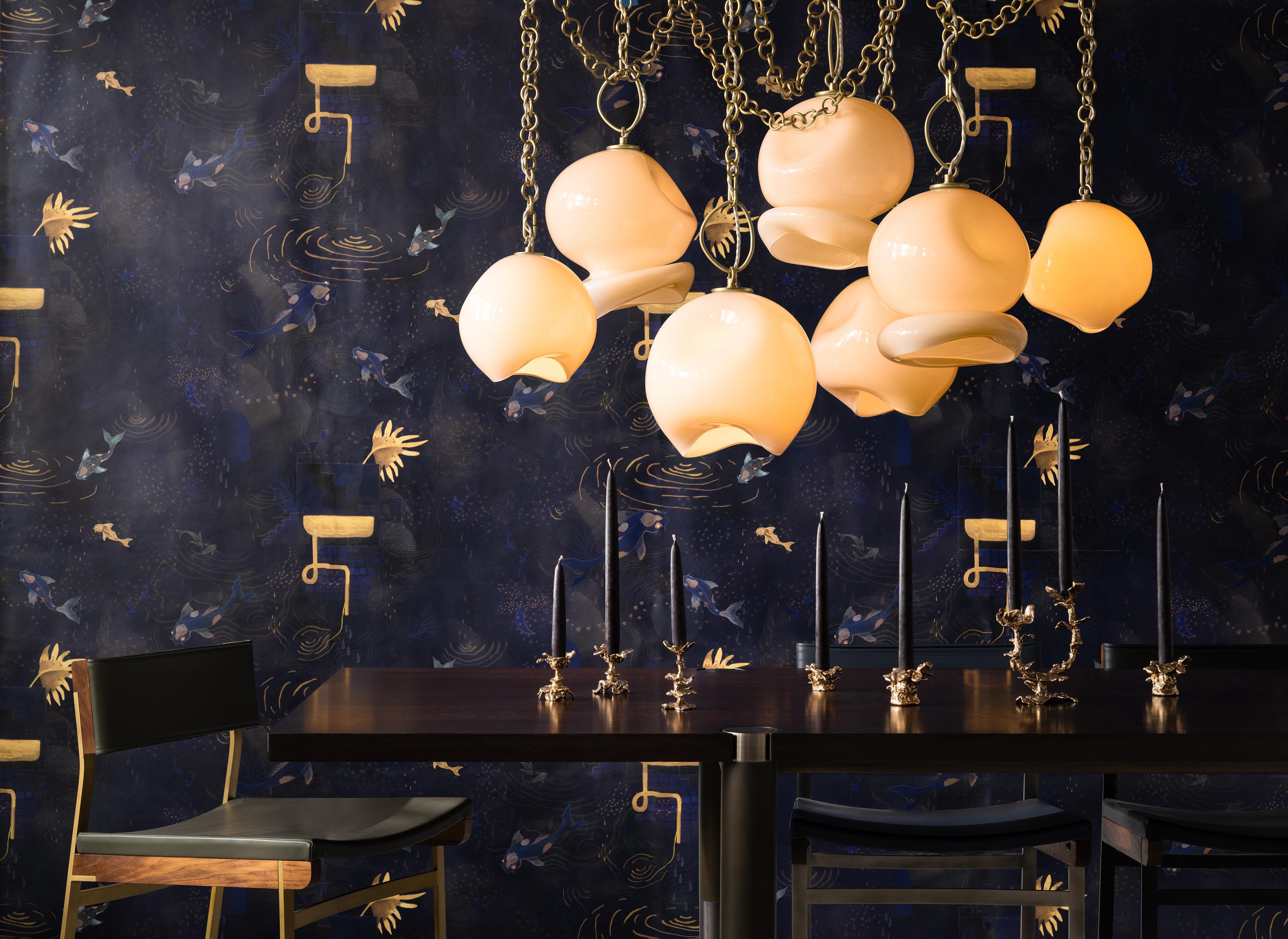 Marea Seven-Pendant Chandelier: Satin Brass/White Glass by Avram Rusu Studio For Sale 2