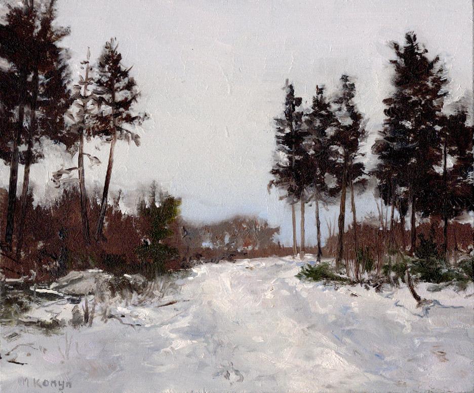 A. Winter Forest - 21. Jahrhundert Zeitgenössische Landschaftsmalerei eines Schneewaldes
