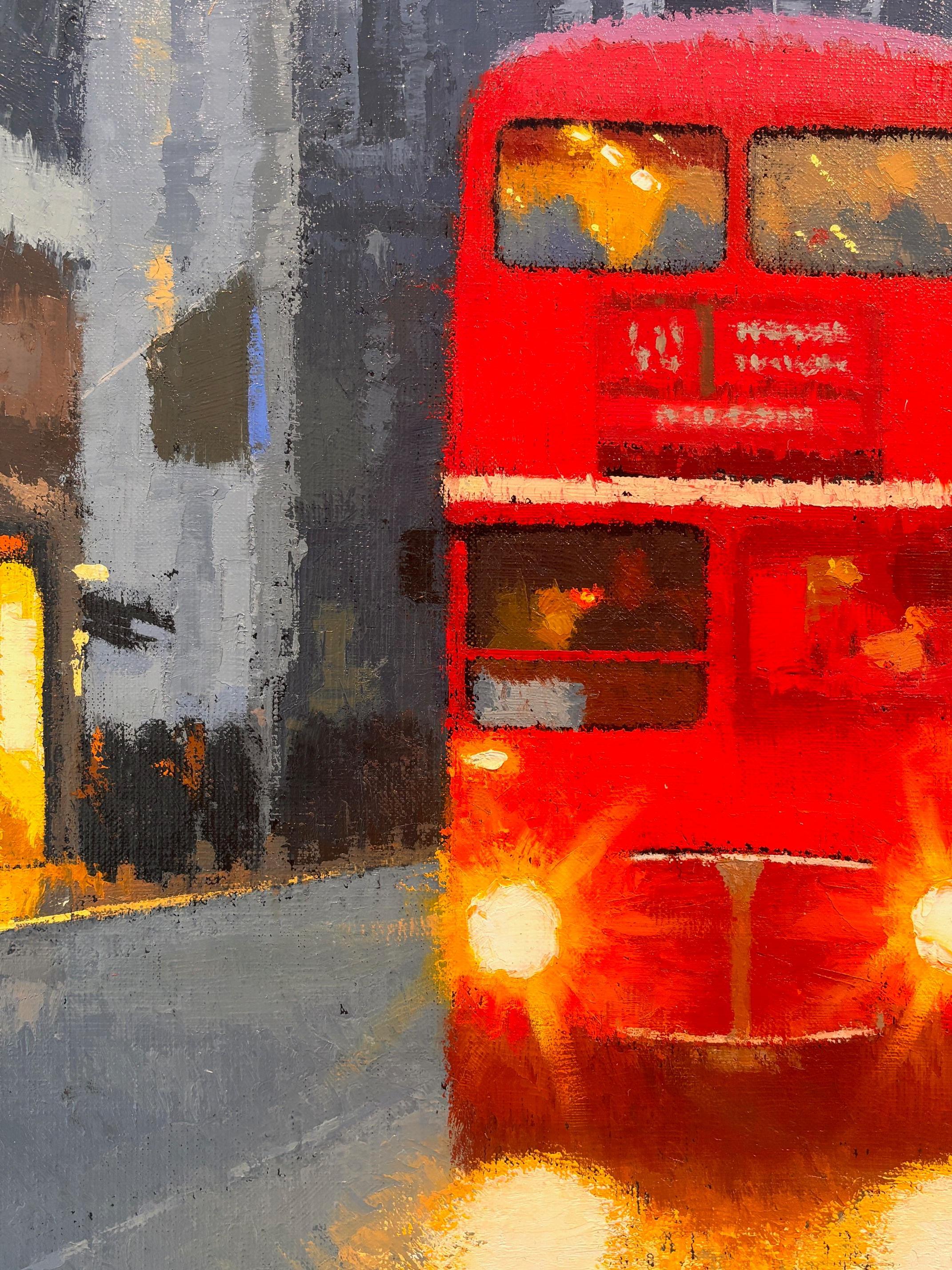 London Bus - London cityscape impressionism painting -  contemporary art - Gray Landscape Painting by Marek Krumpar