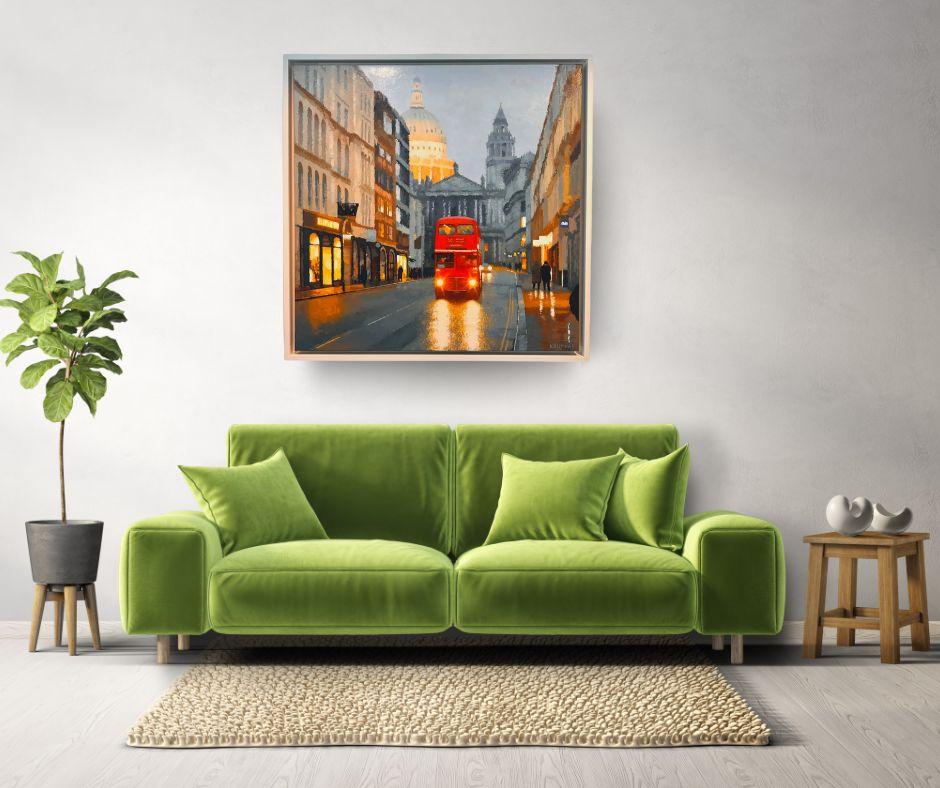 This striking oil on canvas by Marek Krumpar is currently on display and available for sale at Signet Contemporary Art Gallery and online.

Krumpar’s London Bus places the viewer at the centre of the capital’s morning rush, where the city awakens