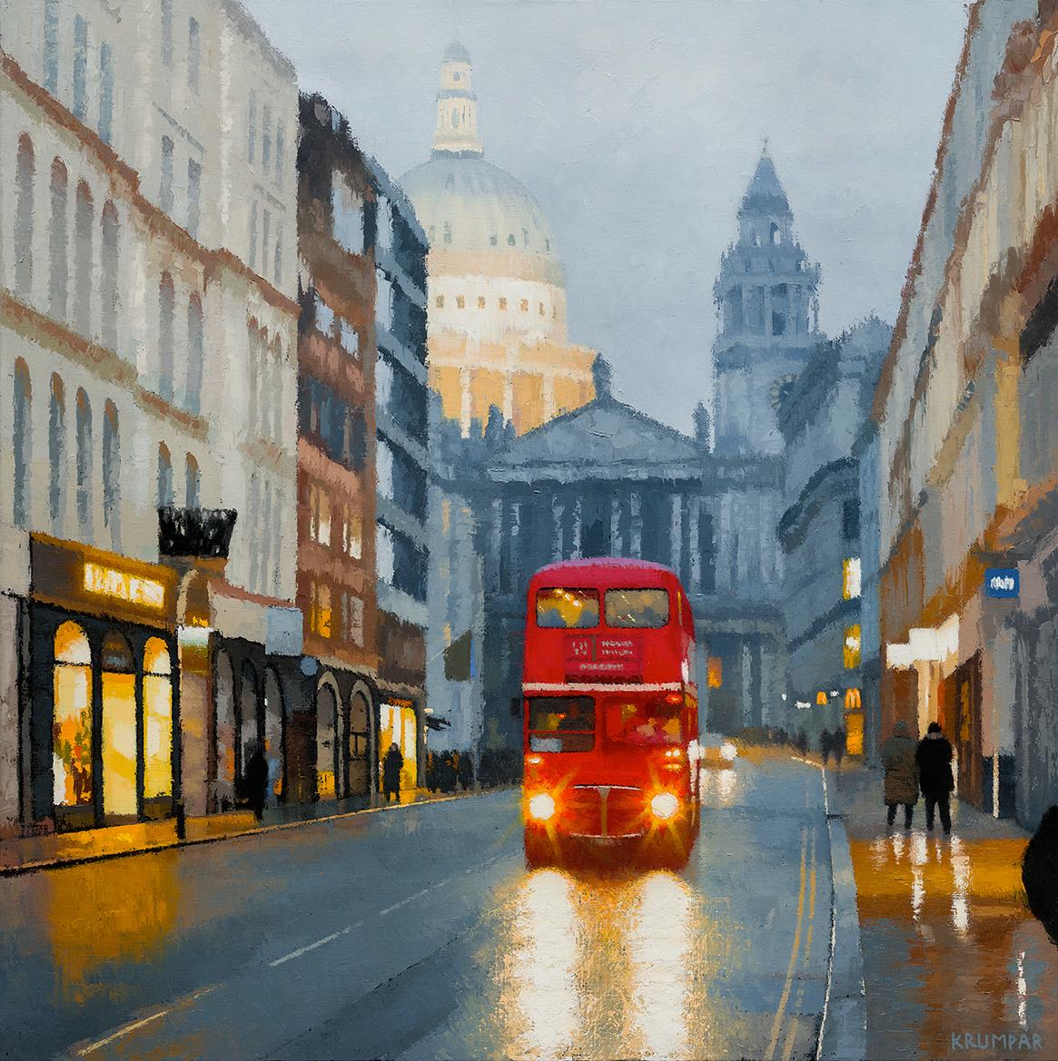 Marek Krumpar Landscape Painting - London Bus - London cityscape impressionism painting -  contemporary art