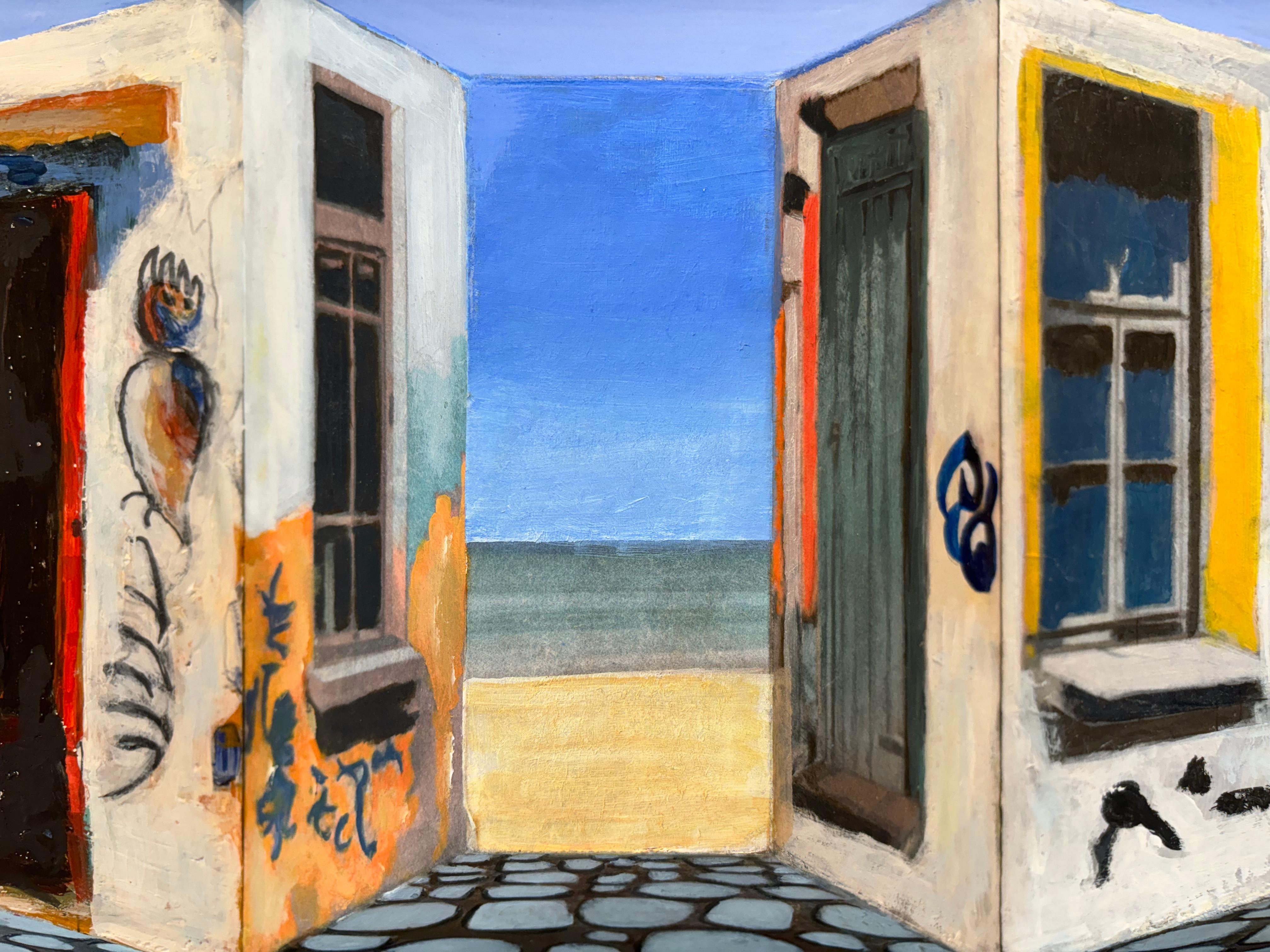 Beach Houses I - Original 3D surrealistic painting - contemporary illusion art - Painting by Marek Letkiewicz
