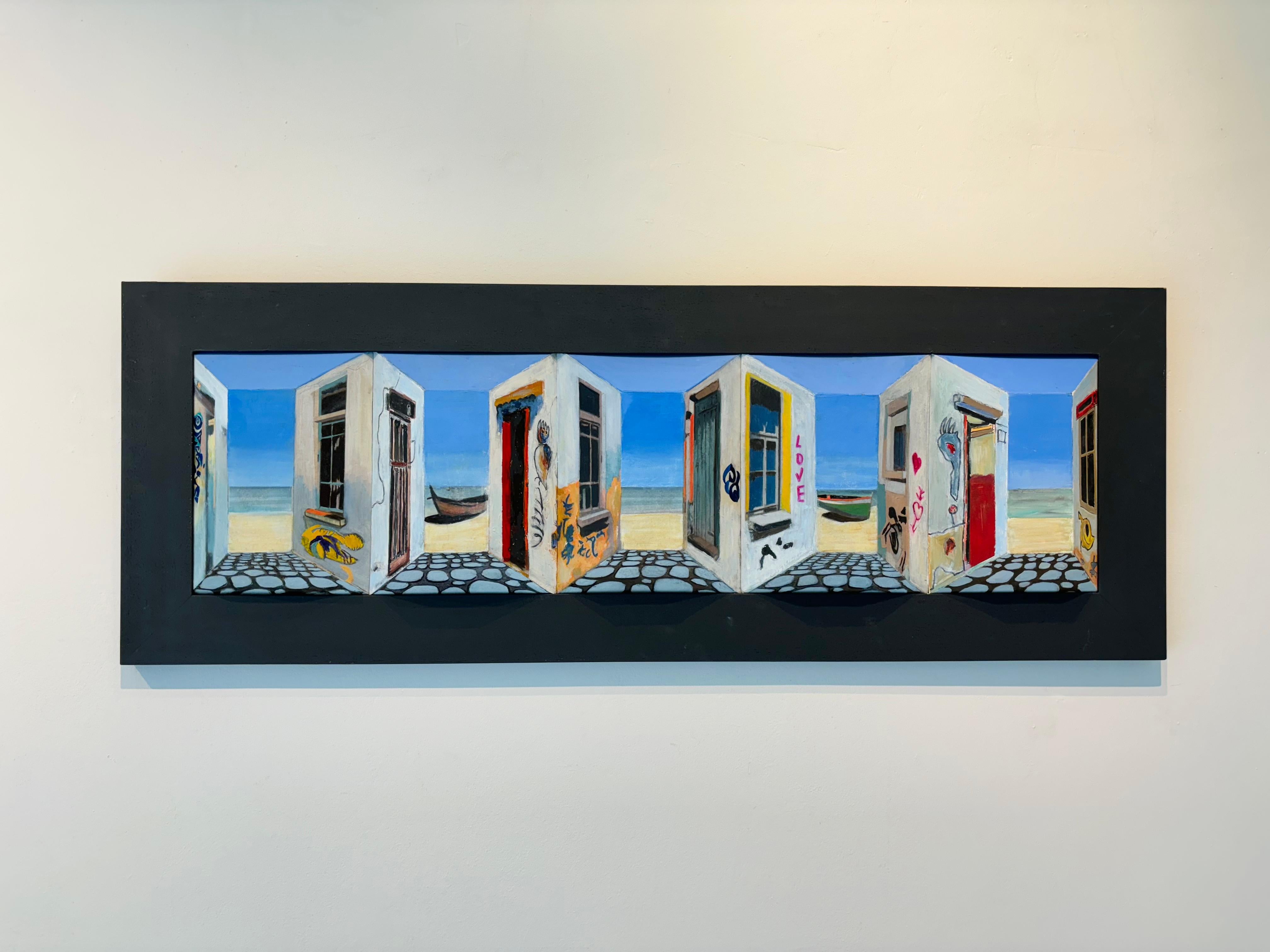 Beach Houses I - Original 3D surrealistic painting - contemporary illusion art - Surrealist Painting by Marek Letkiewicz