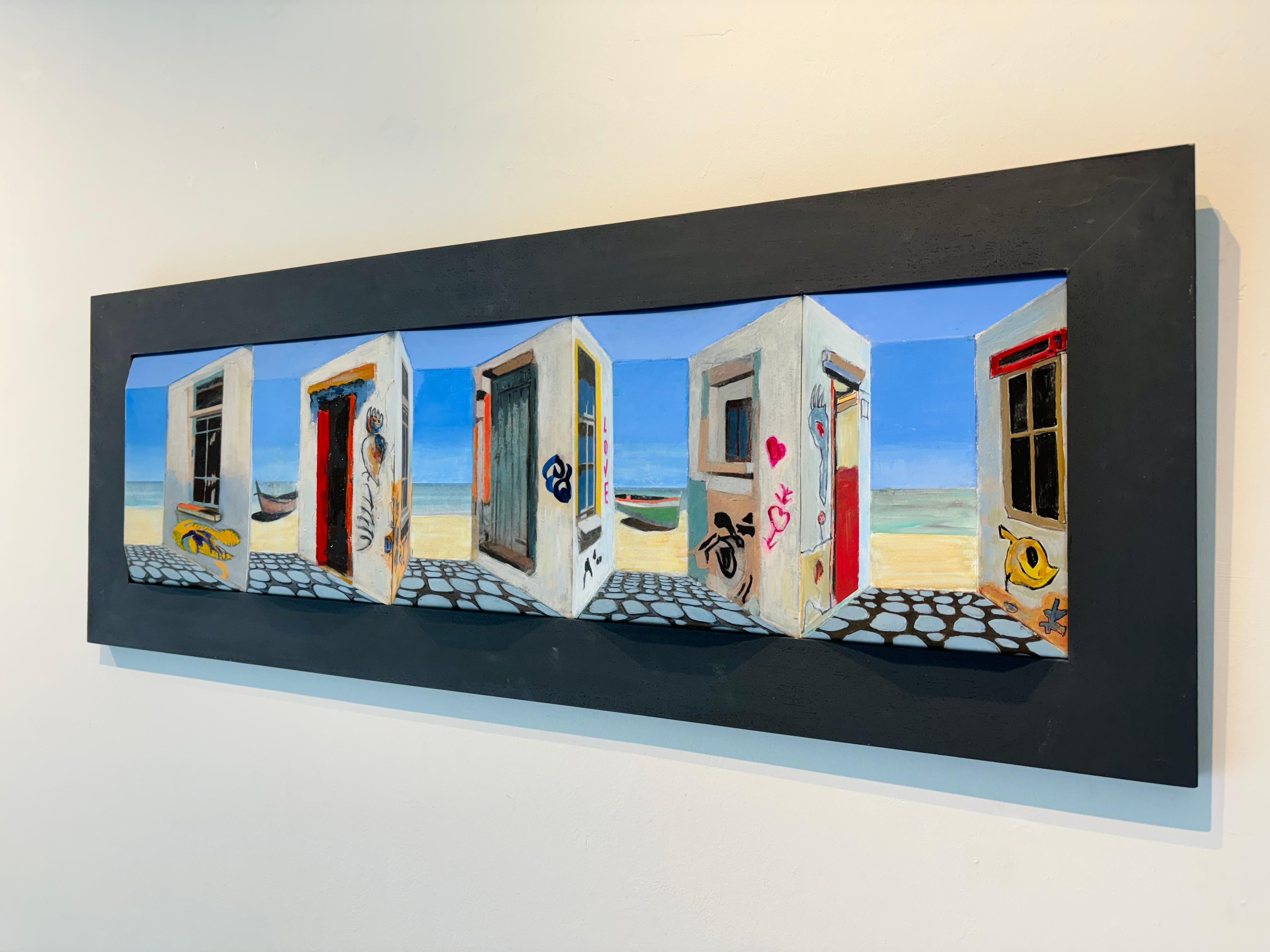 Beach Houses I - Original 3D surrealistic painting - contemporary illusion art - Black Abstract Painting by Marek Letkiewicz