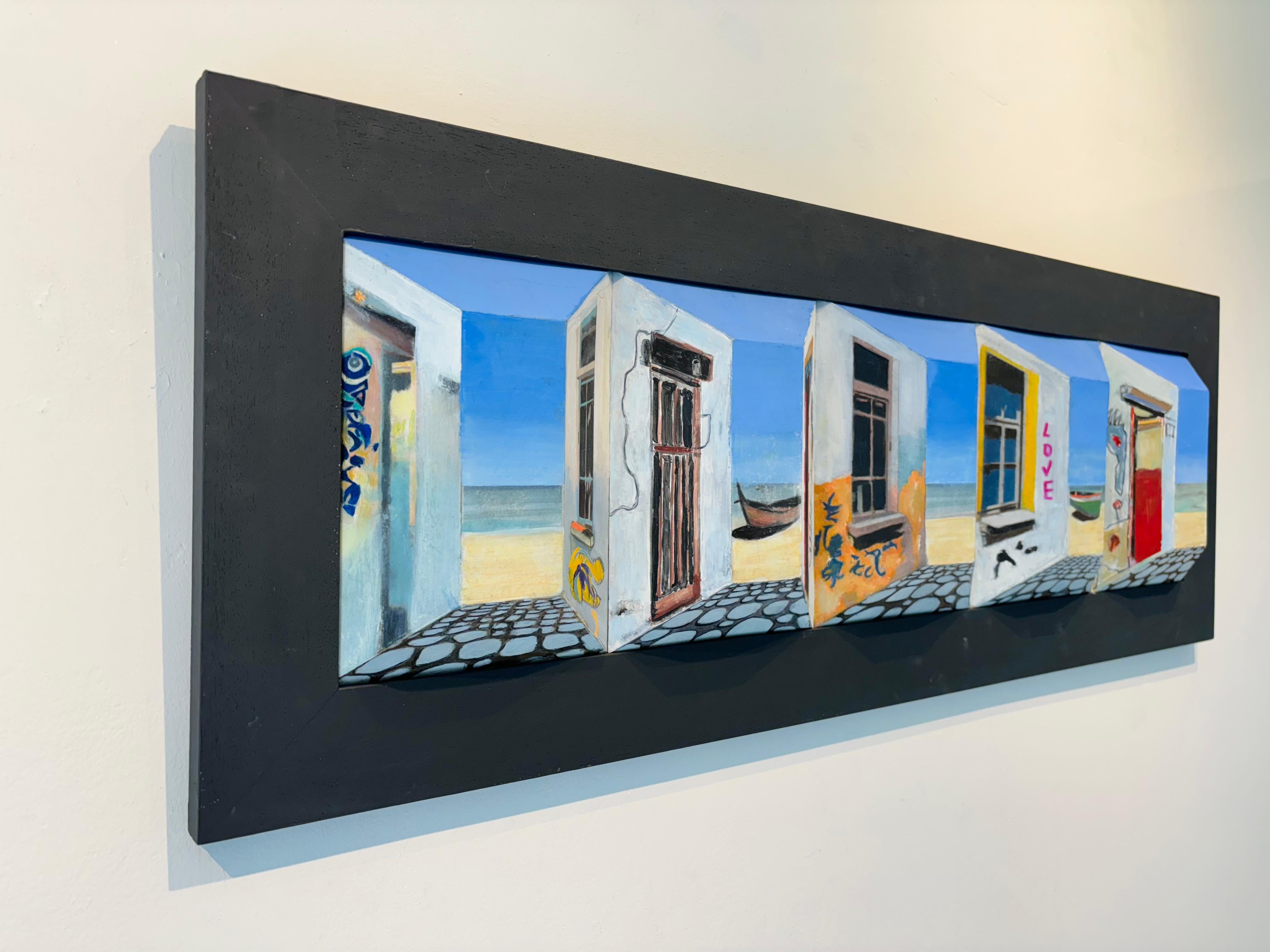 This exceptional artwork is currently on display and available for sale at Signet Contemporary Art Gallery and online.

Marek Letkiewicz’s Beach Houses I offers a whimsical journey through a surreal coastal landscape, where illusion and perspective
