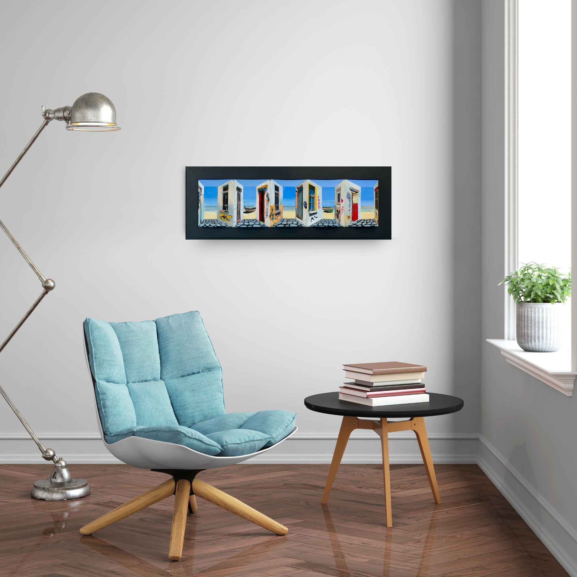 Beach Houses I - Original 3D surrealistic painting - contemporary illusion art For Sale 1