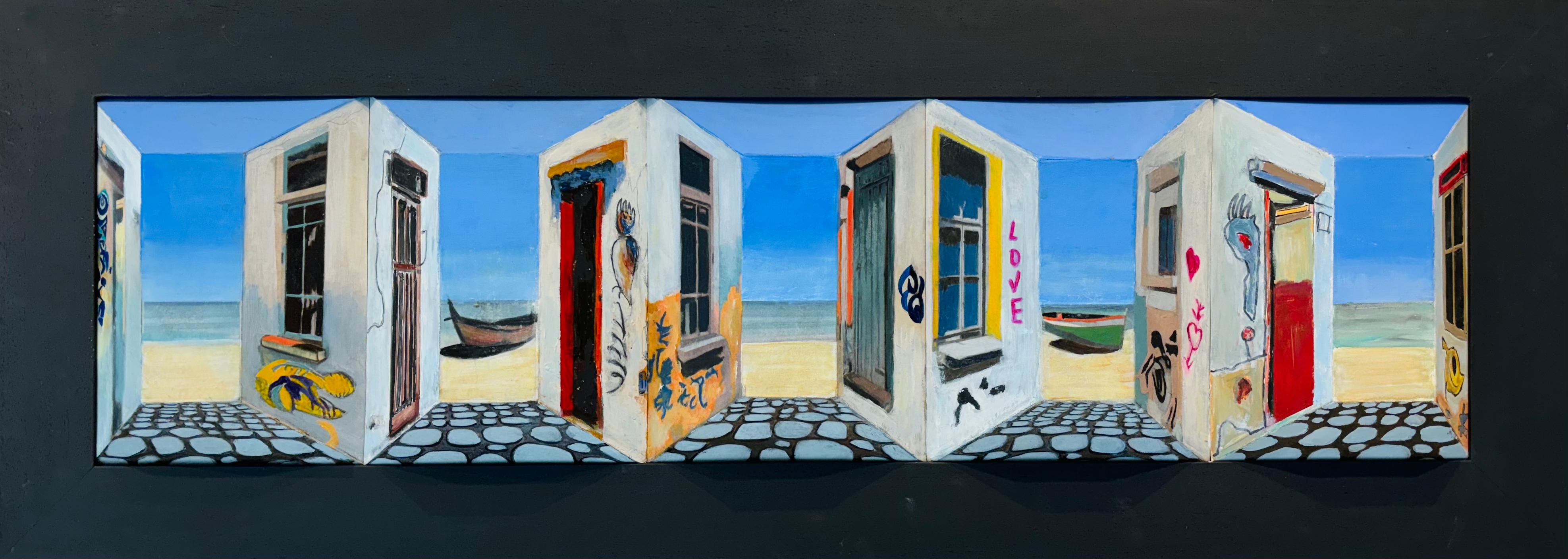Beach Houses I - Quadro surrealista originale in 3D - arte contemporanea dell'illusione