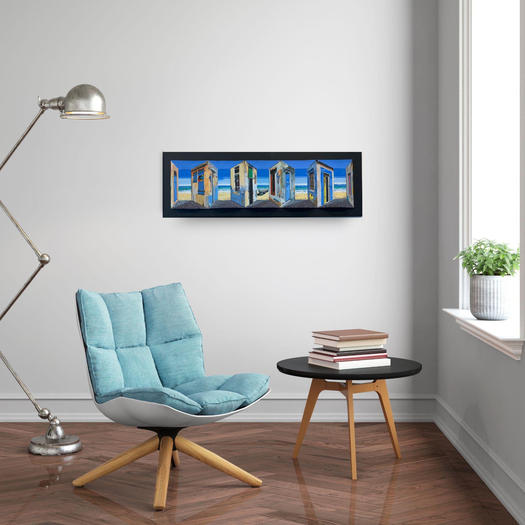 Beach Houses II - Original 3D surrealistic painting - contemporary illusion art - Painting by Marek Letkiewicz