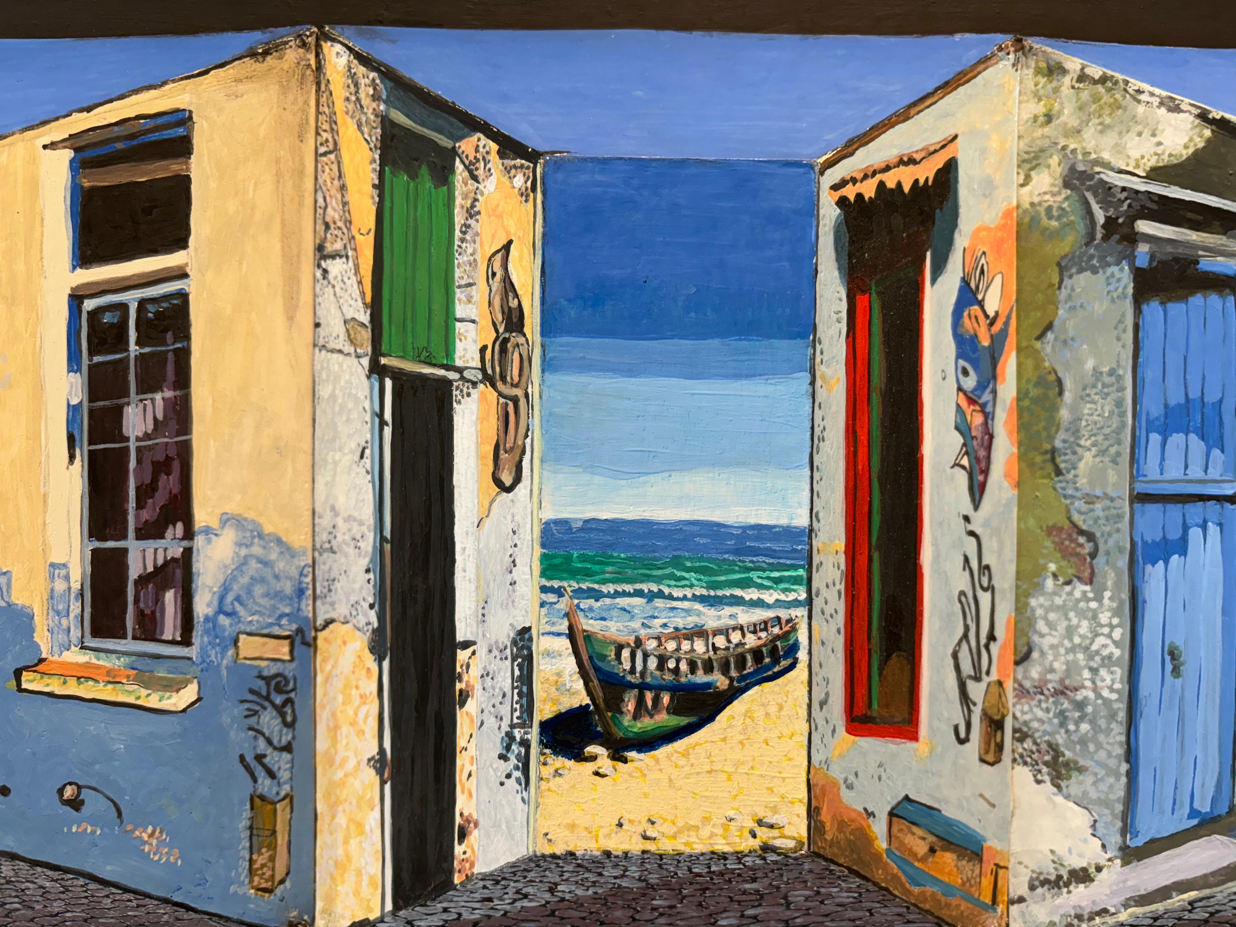 Beach Houses II - Original 3D surrealistic painting - contemporary illusion art - Surrealist Painting by Marek Letkiewicz