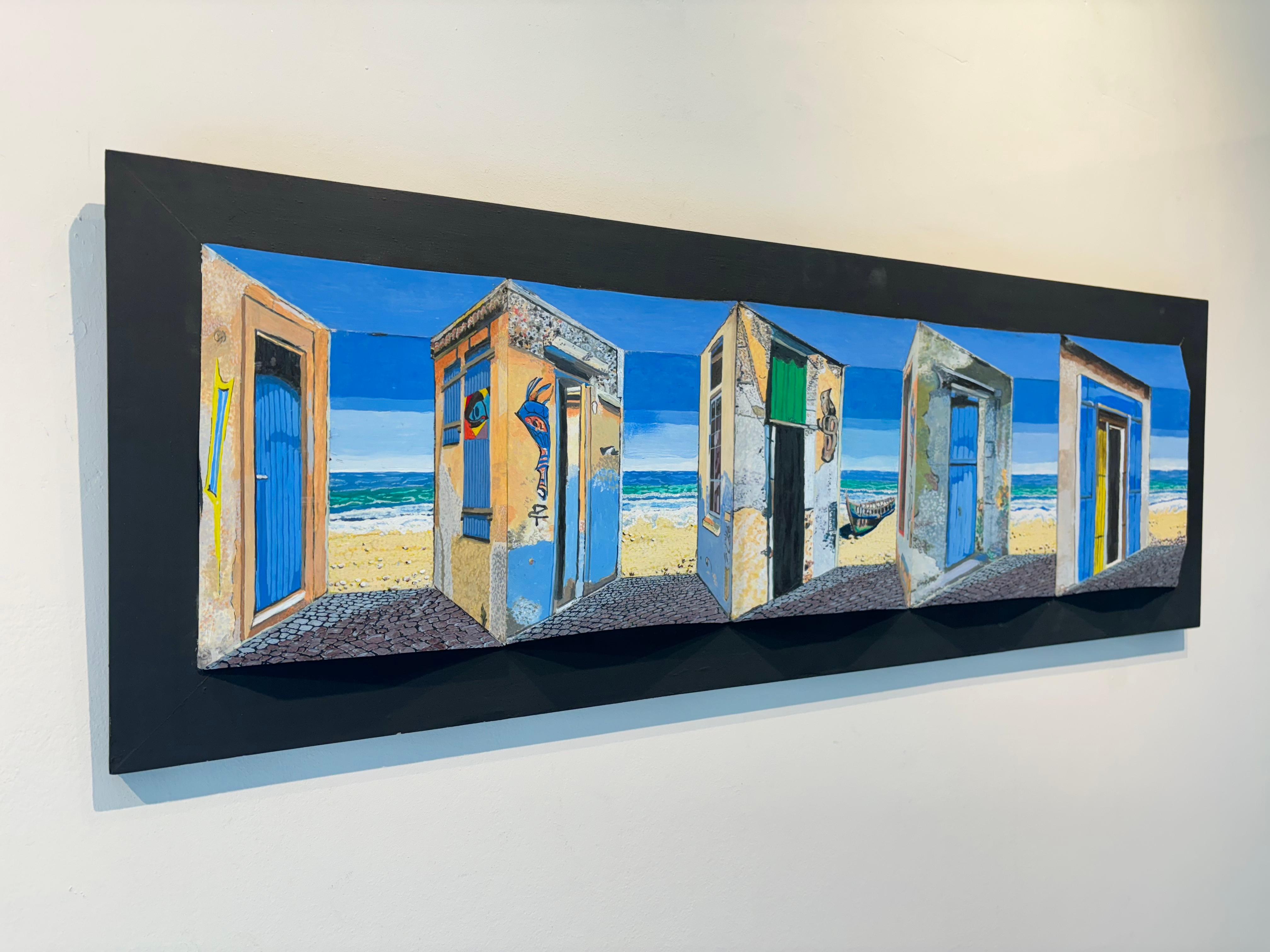 Beach Houses II - Original 3D surrealistic painting - contemporary illusion art - Black Abstract Painting by Marek Letkiewicz