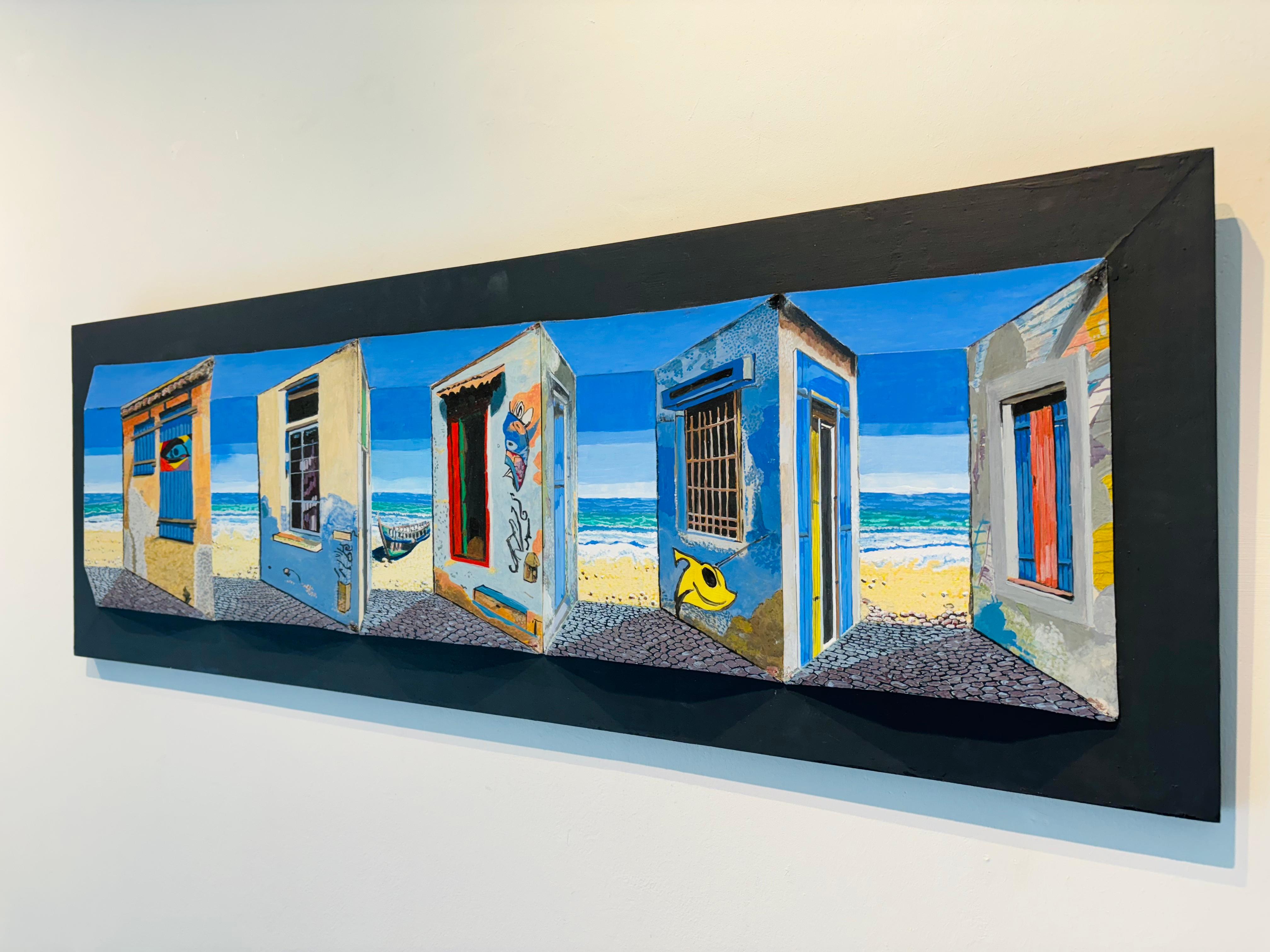 Beach Houses II - Original 3D surrealistic painting - contemporary illusion art For Sale 1