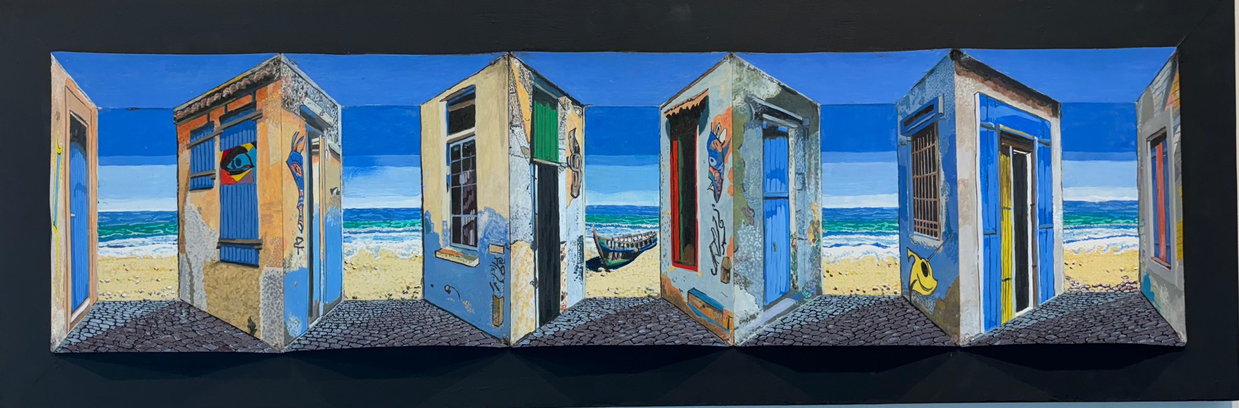 Strandhäuser II - Original 3D surrealistisches Gemälde - Zeitgenössische Illusionskunst