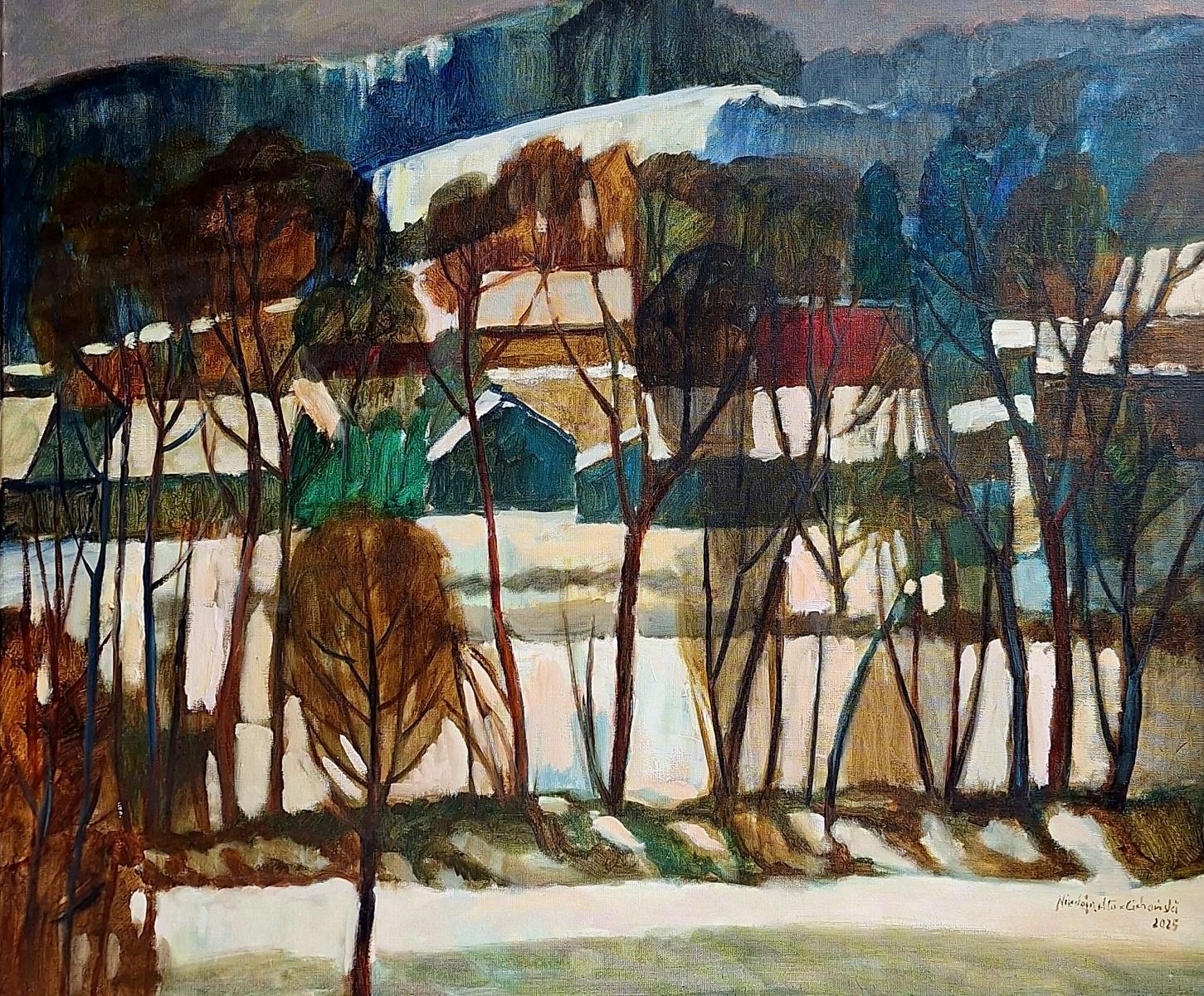 Marek Niedojadło Figurative Painting - A Grey Day - Oil on Canvas Landscape Painting by Contemporary Artist