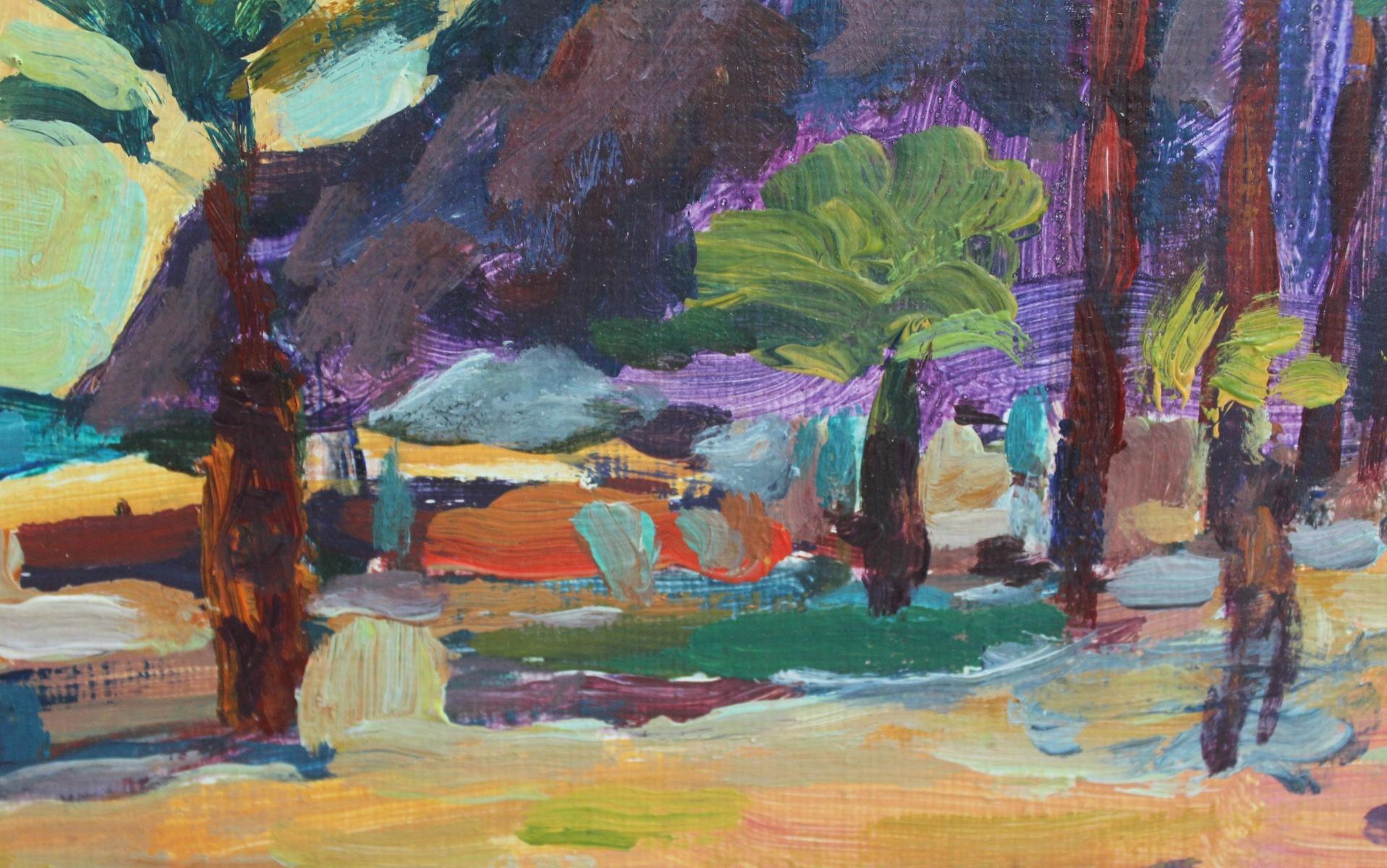Un punto di vista. Piccolo dipinto di paesaggio a olio, Mare, Colorato, Artista polacco - Landscape Painting Marrone di Marek Niedojadło