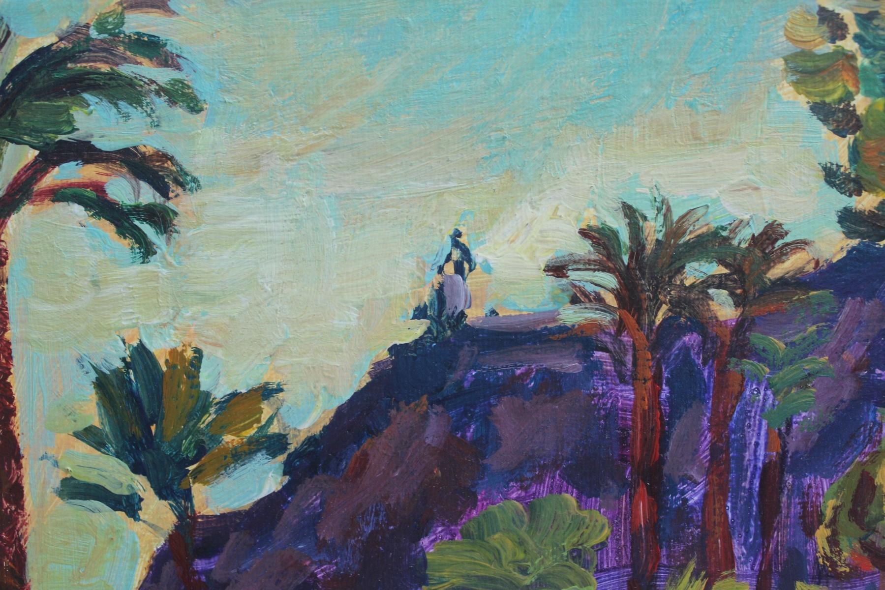 Paesaggio figurativo contemporaneo dipinto a olio su tela dall'artista polacco Marek Niedojadlo-Cichonski. Questo dipinto in scala ridotta raffigura una spiaggia rocciosa con palme, probabilmente da qualche parte in Spagna. 

MAREK