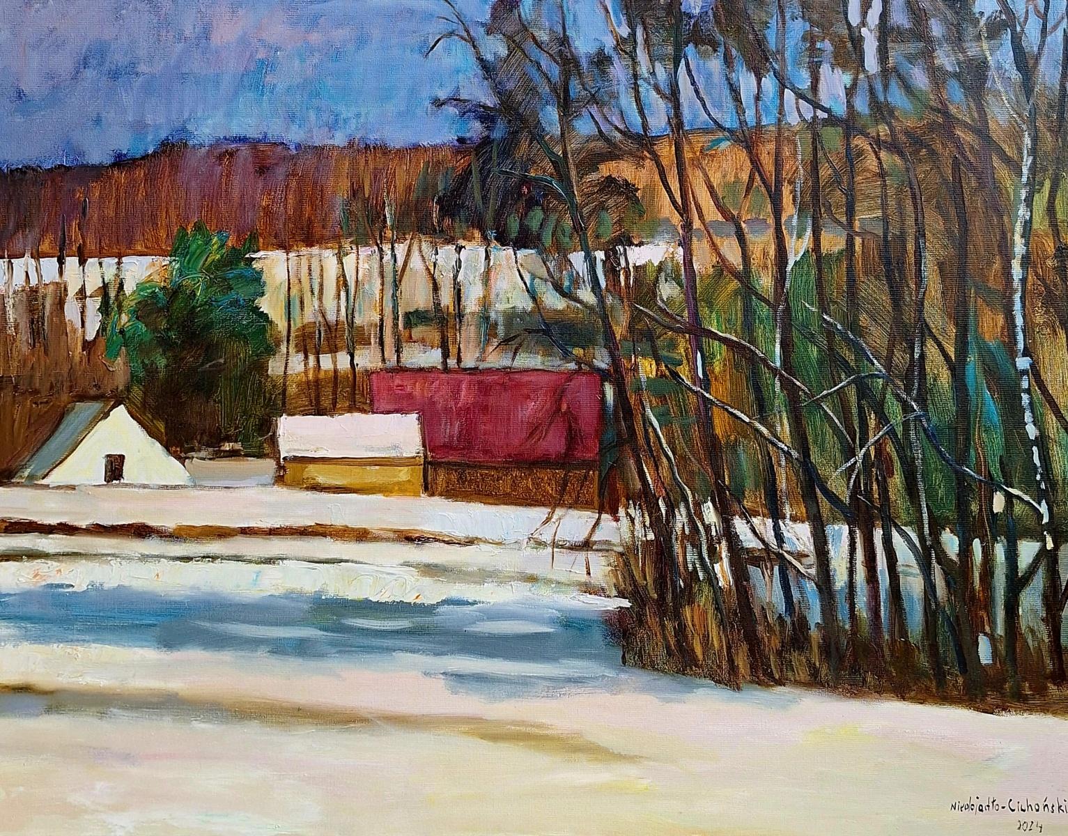 Marek Niedojadło Figurative Painting – Am Rande des Waldes - Öl auf Leinwand Landschaftsgemälde von Contemporary Artist