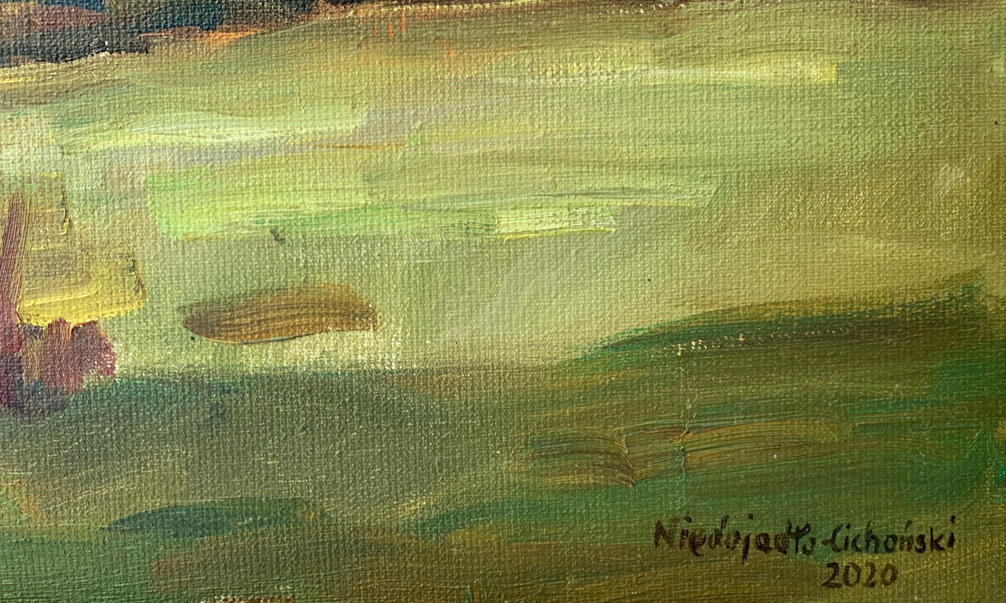 Contemporary oil on canvas landscape painting by Polish artist Marek Niedojadlo-Cichonski. Painting depicts a rural area scenery. Artist's brush duct is visible. 

MAREK NIEDOJADLO-CICHONSKI (born in 1954 ) He studied at the Faculty of Painting of