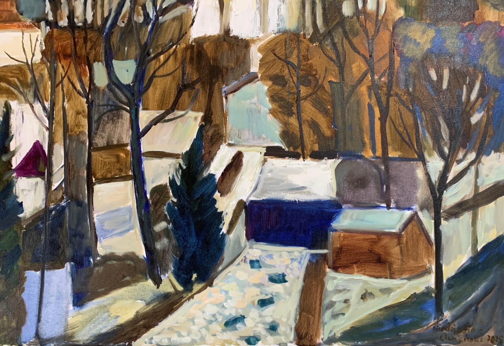 Grey landscape. Oil Landscape Painting, Geometric, Figurative, Polish artist For Sale 2