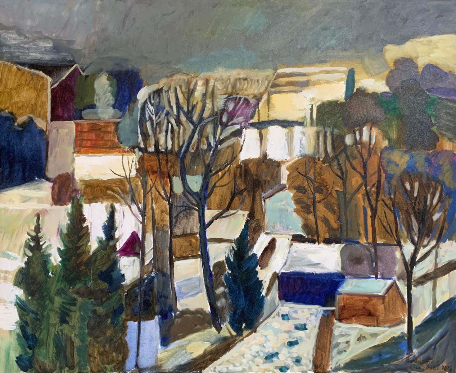 Colorful figurative oil on canvas landscape painting by Polish artist Marek Niedojadlo-Cichonski. Artwork is horizontal, it depicts a rual view in which shapes are simplified and closer to geometry. Title is 'Grey landscape'.

MAREK