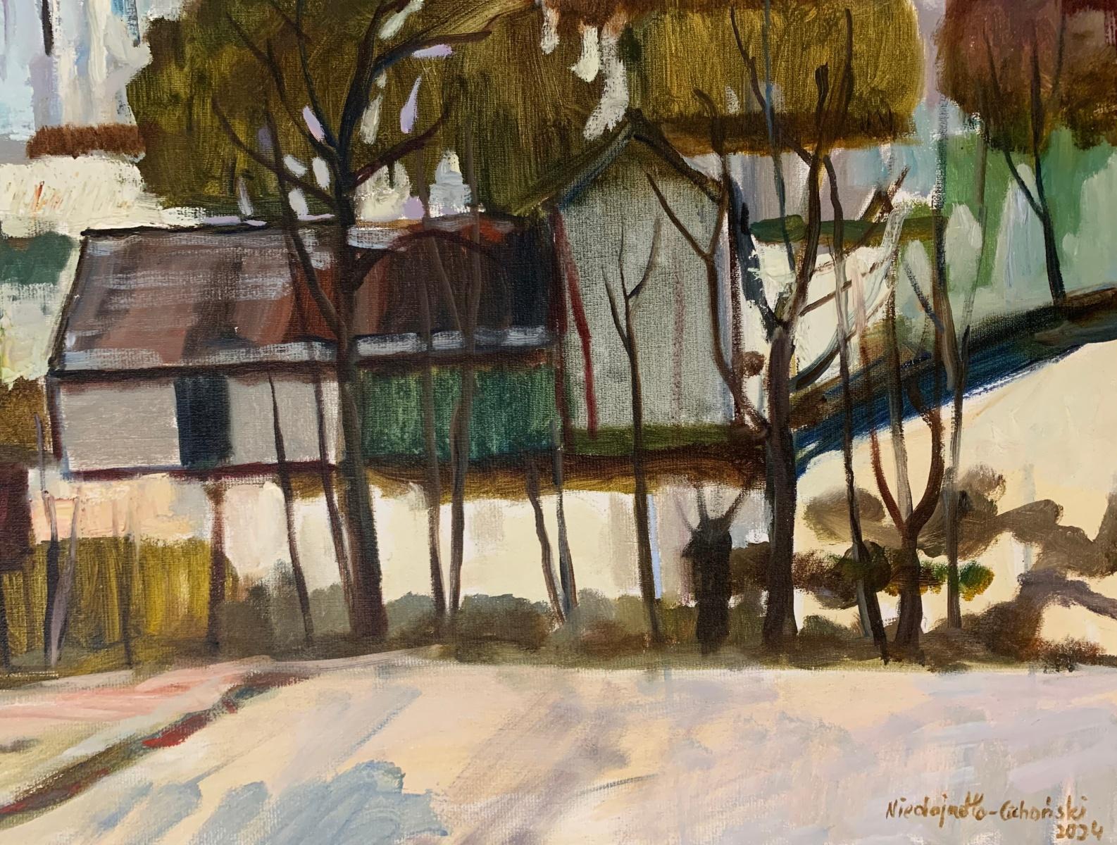 Casas con telón de fondo montañoso. Pintura al óleo de paisajes, figurativa, arte polaco - Painting de Marek Niedojadło
