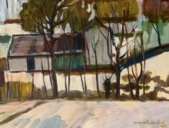 Houses with mountain backdrop. Oil Landscape Painting, Figurative, Polish art