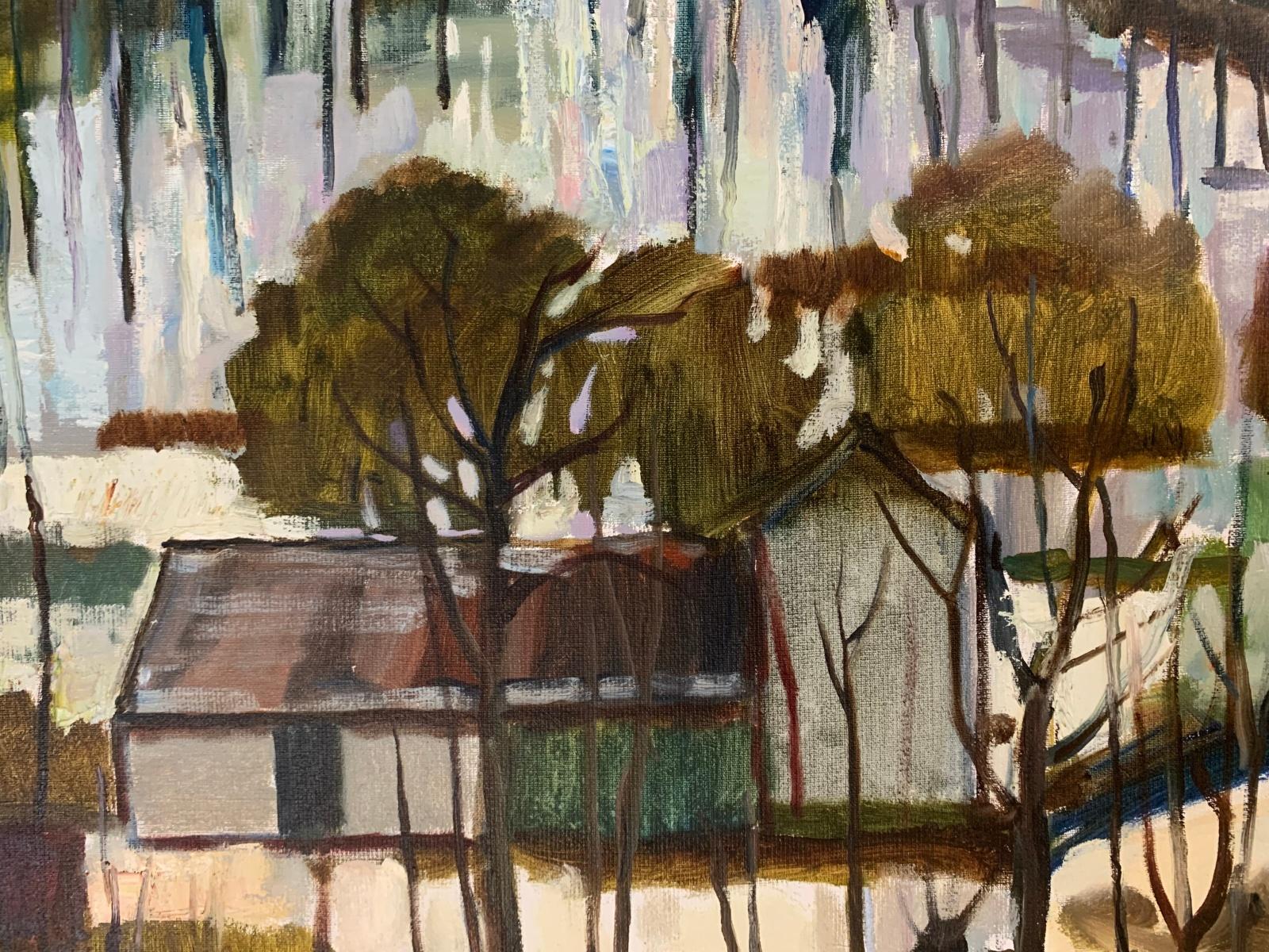 Casas con telón de fondo montañoso. Pintura al óleo de paisajes, figurativa, arte polaco - Painting Otro estilo de arte de Marek Niedojadło