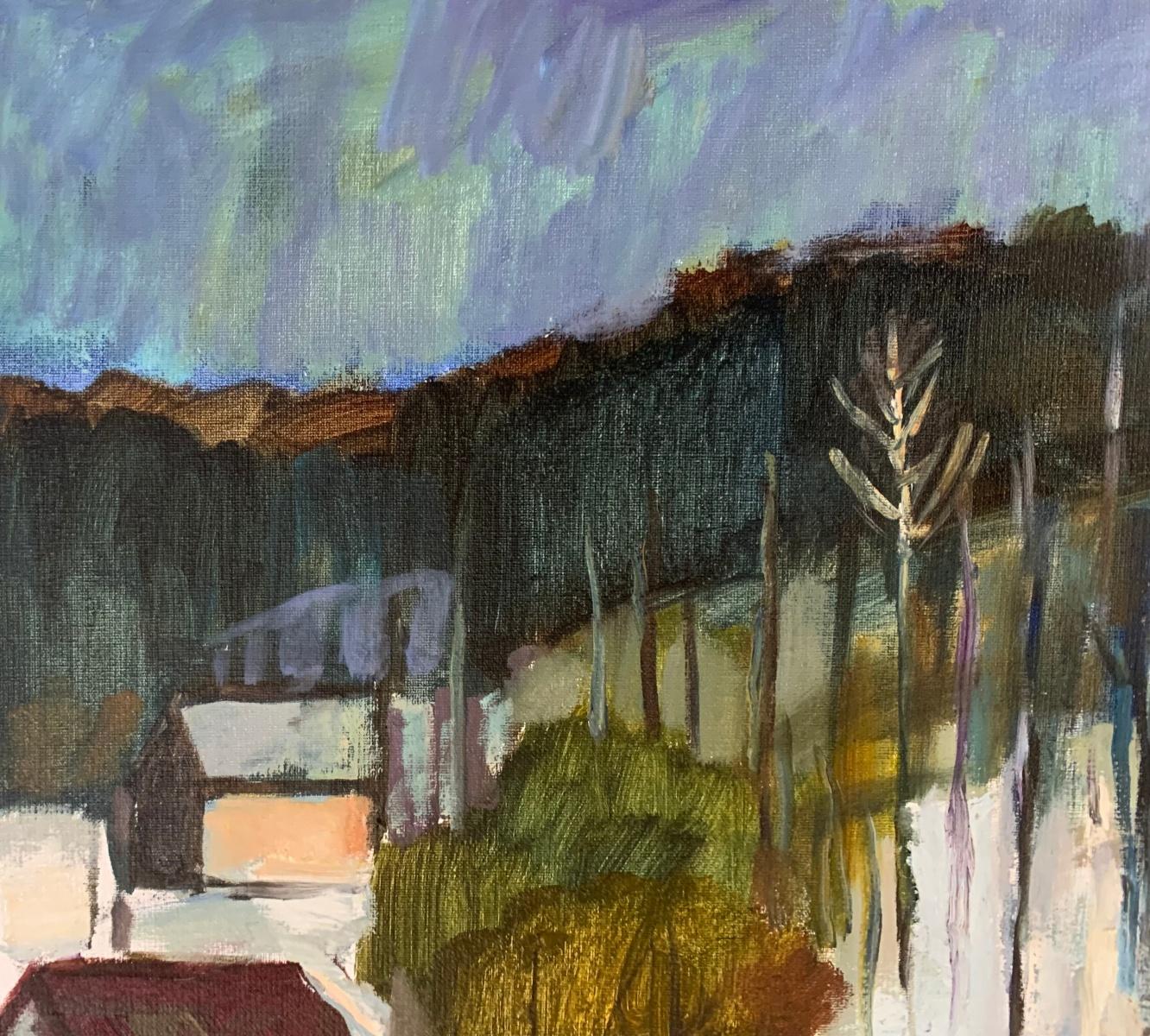 Casas con telón de fondo montañoso. Pintura al óleo de paisajes, figurativa, arte polaco - Landscape Painting Gris de Marek Niedojadło