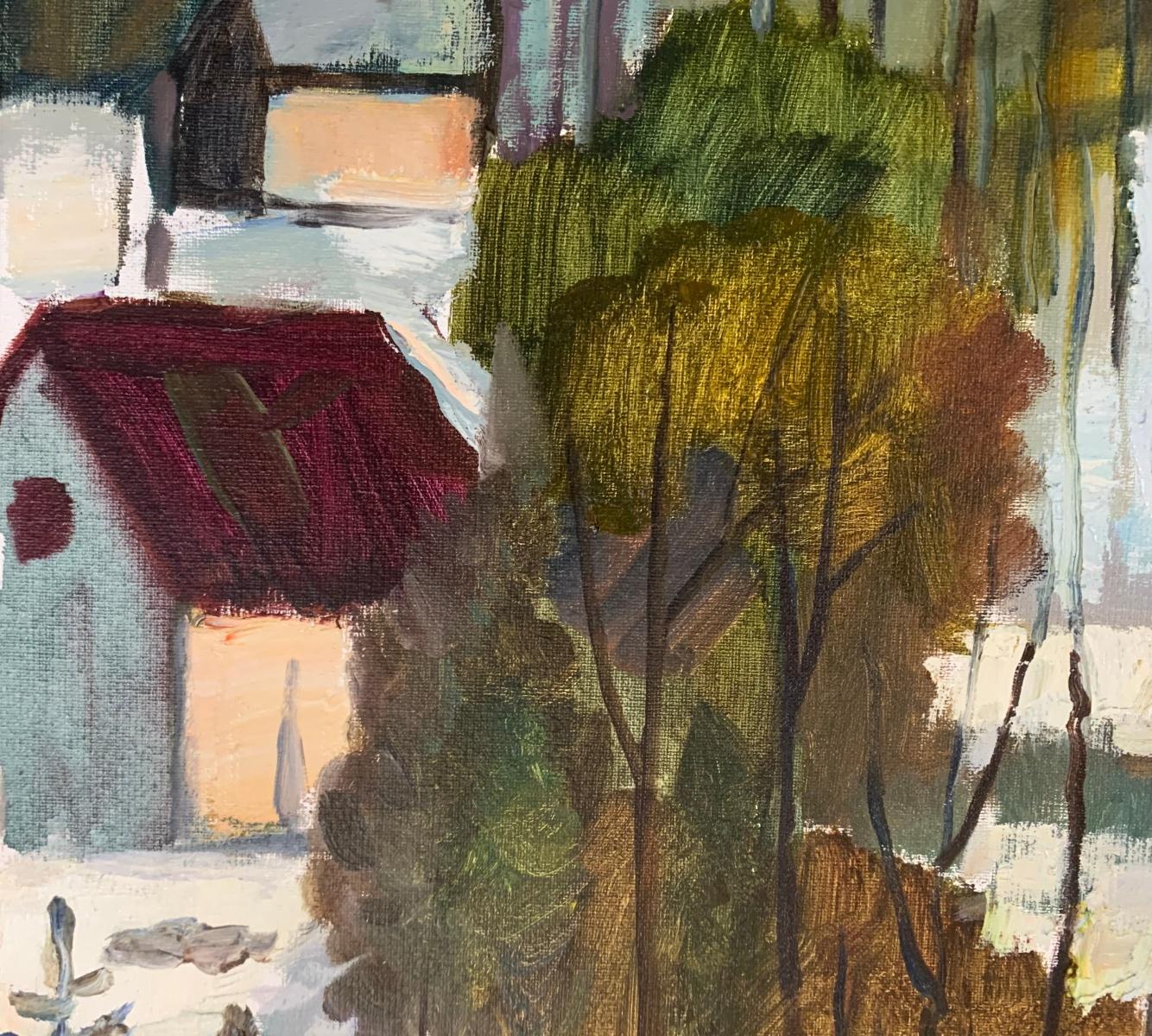 Paisaje figurativo al óleo sobre lienzo del artista polaco Marek Niedojadlo-Cichonski. La obra es horizontal, representa una visión rual en la que las formas se simplifican y se acercan a la geometría. El título es 