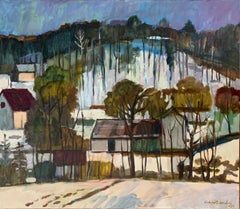 Case con sfondo di montagna. Pittura ad olio di paesaggio, Figurativa, Arte polacca