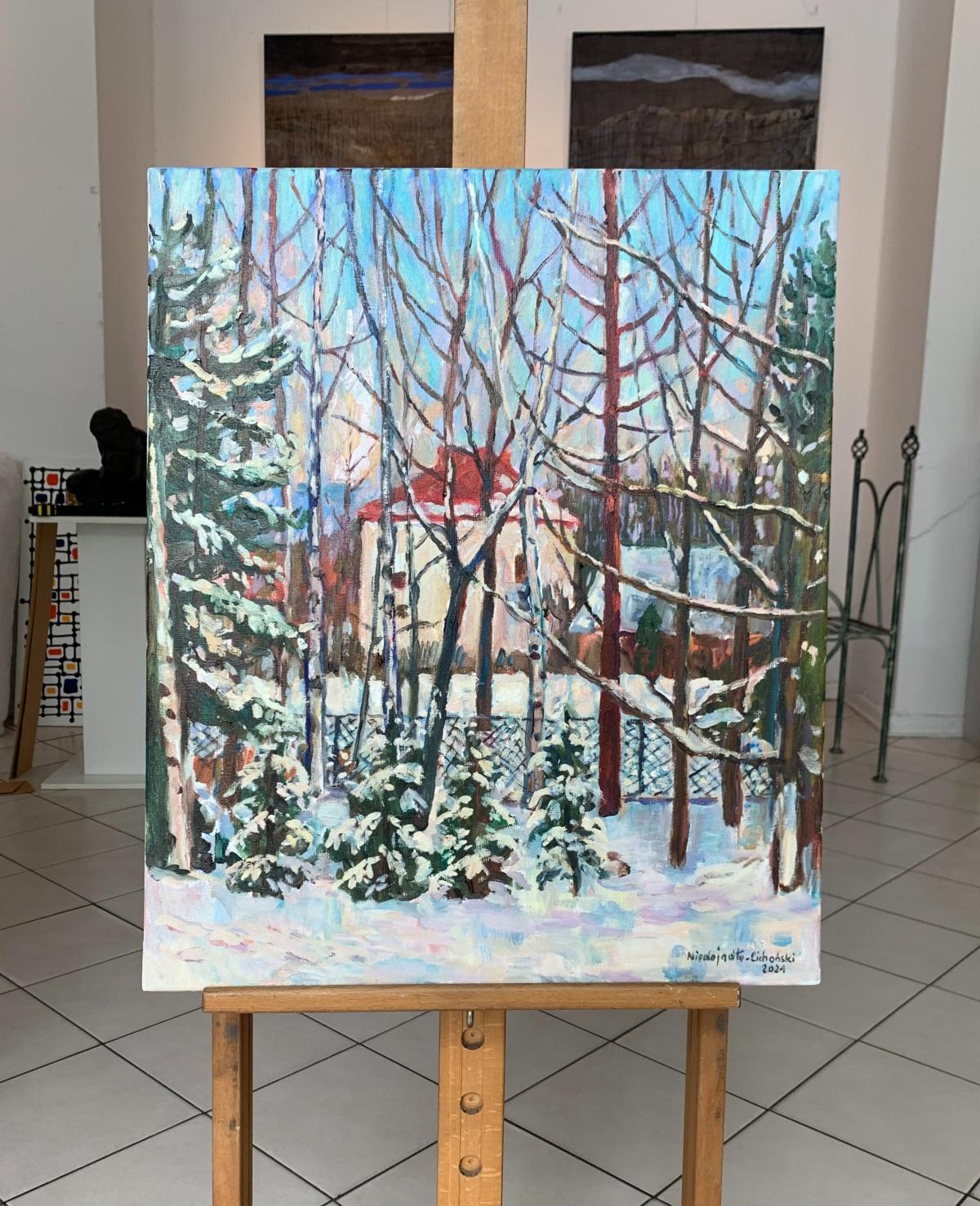 In the winter sun - Oil painting, Colourful, Vertcal, Trees - Painting by Marek Niedojadło