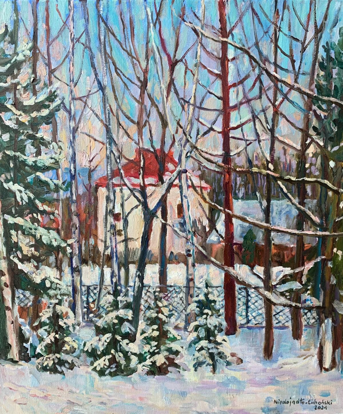 „In the Winter Sonne“ – Ölgemälde, farbenfrohes, vertcal, Bäume