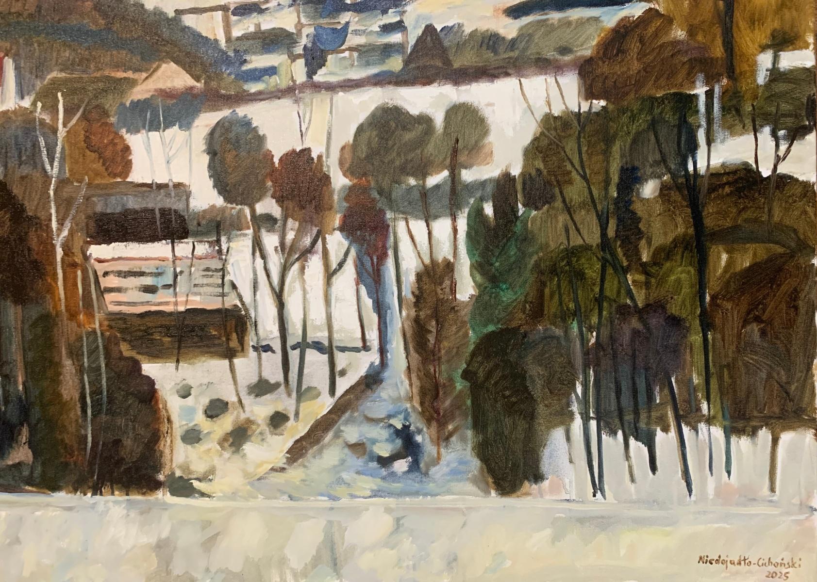 Podgorze en invierno. Pintura al óleo Paisaje, Geométrico, Figurativo, Artista polaco - Painting de Marek Niedojadło
