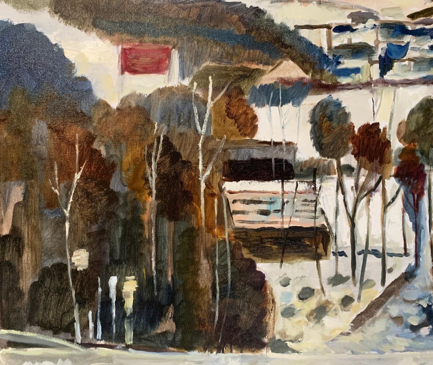 Paisaje figurativo al óleo sobre lienzo del artista polaco Marek Niedojadlo-Cichonski. La obra es horizontal, representa una visión rual en la que las formas se simplifican y se acercan a la geometría. El título es 