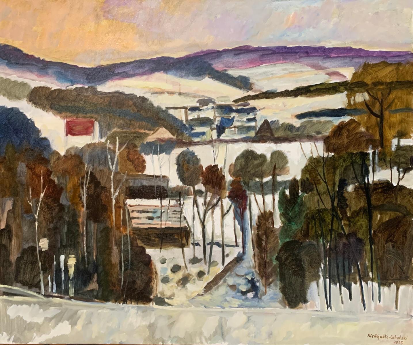 Figurative Painting de Marek Niedojadło - Podgorze en invierno. Pintura al óleo Paisaje, Geométrico, Figurativo, Artista polaco