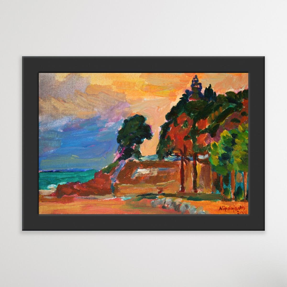 Spanish landscape - Small oil landscape painting, Colourful, Seaside, Polish art - Other Art Style Painting by Marek Niedojadło