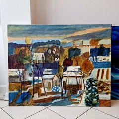 Suburb in Snow: Grey Geometric Oil on Canvas Landscape Painting by Polish Artist